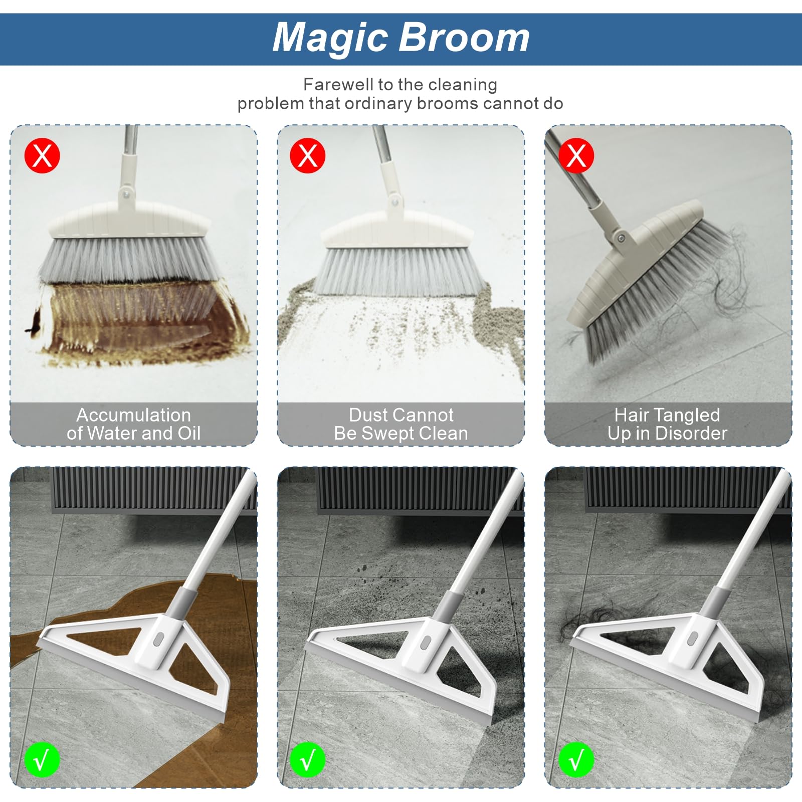 Magic Broom,Magic Scrub Broom Squeegee, Multifunction Magic Scraper with Extension Iron Pipe Spraying Poles More Durable Water and Dust Remover Flex Silicone