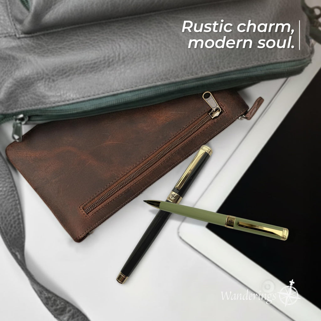 Wanderings Vintage Leather Pencil Pouch Case - 9"x5.5" / 23 x 14 cm - Hand Crafted Functional Brown Leather Zipper Pouch - Pencil Bag for Artists, Travel Makeup, Jewelry, and Purse Bag