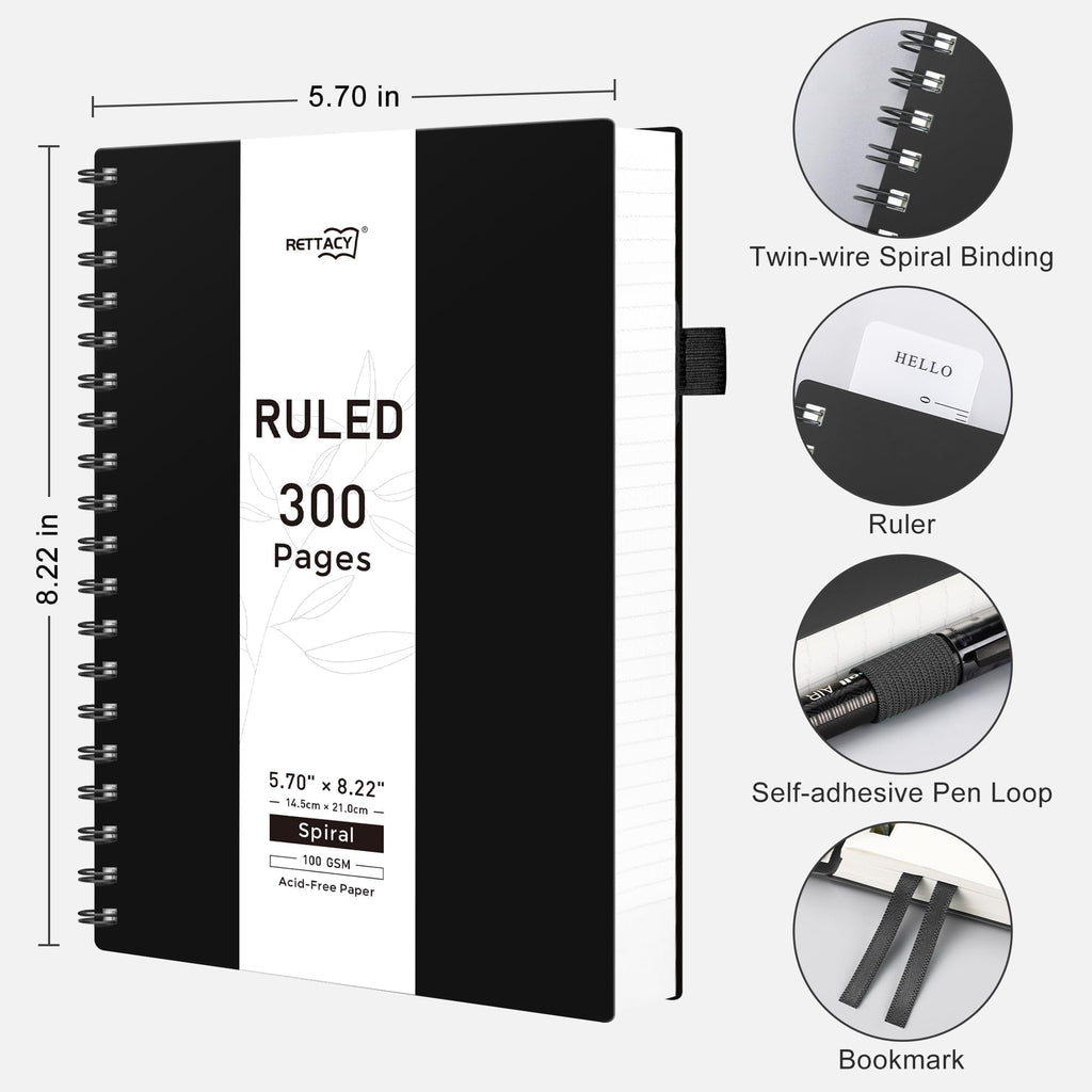RETTACY Spiral Notebook College Ruled, 300 Pages, A5 Medium Size (14.5 x 21 cm), for School, Work, Journaling, 100 GSM Thick Paper, Flexible Plastic Cover (Black)