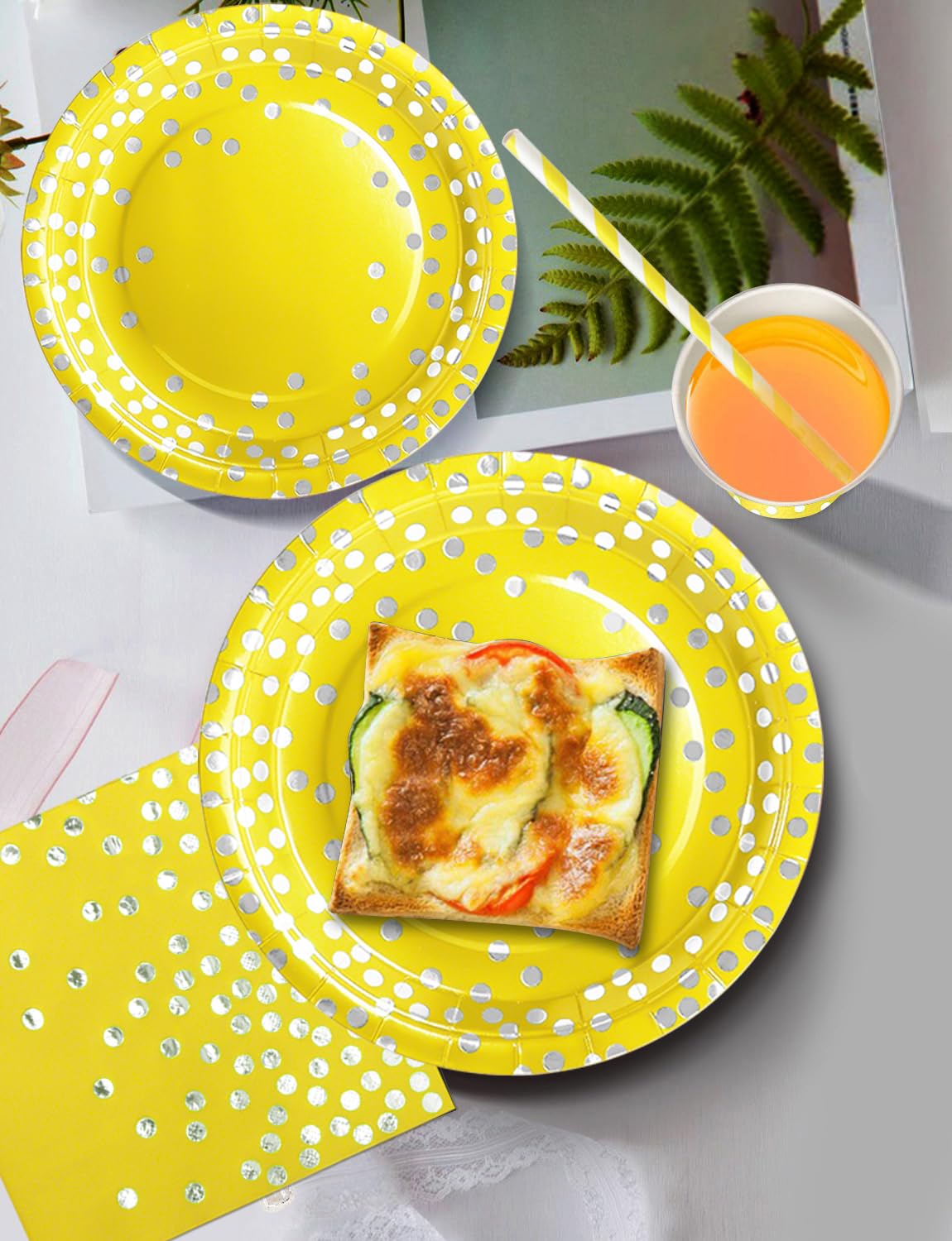 Nkaiso Paper Plates Napkins Cups Set, 126 Piece Yellow and Silver Paper Tableware Set Includes Birthday Paper Plates Napkins Cups Straws for Wedding Shower Engagement Wedding Birthday-25 Guests