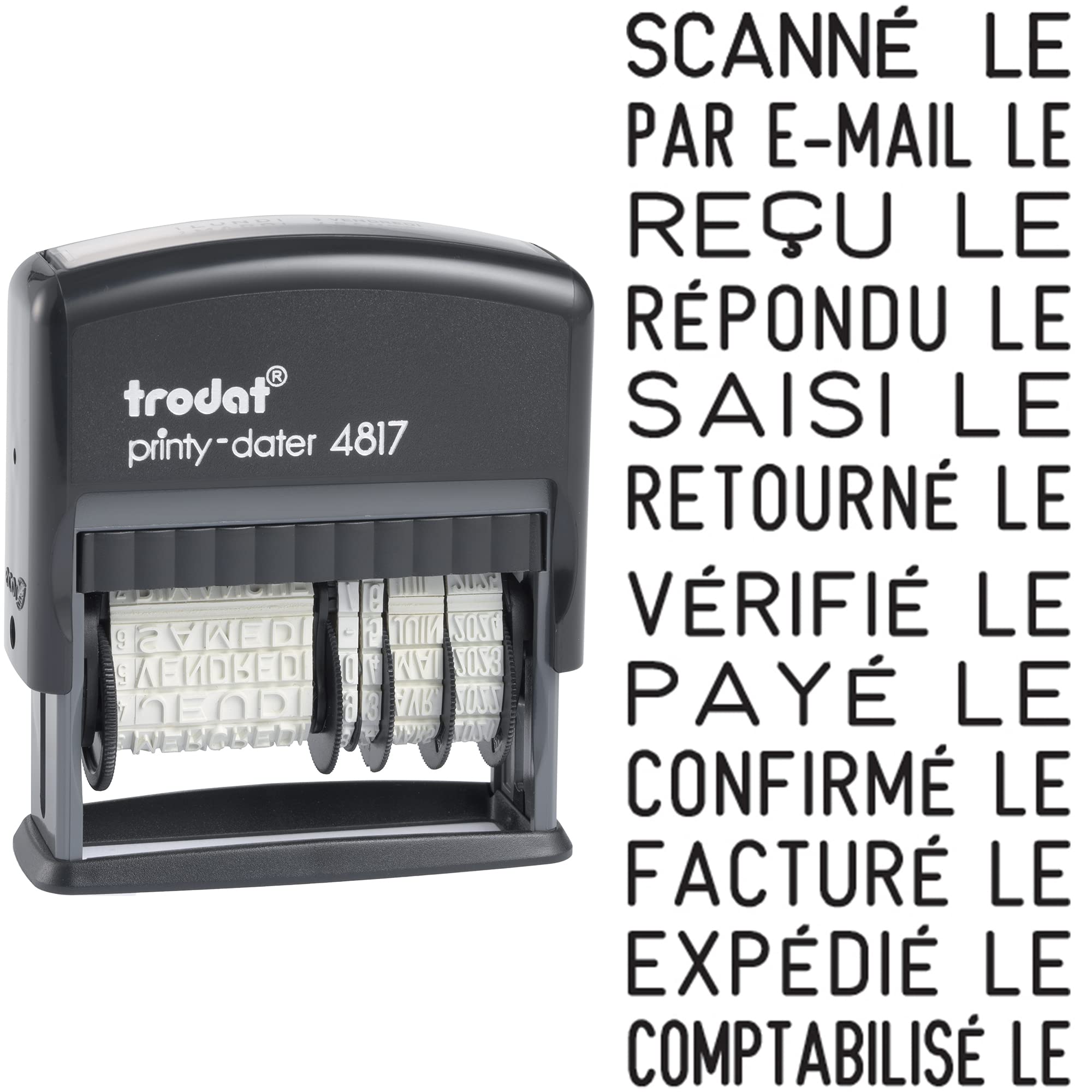 Trodat Tampon dateur 4817A - Date en Français + 12 Formules - Couleur d'Encrage Noire - Taille de Marquage 47 x 3,8 mm