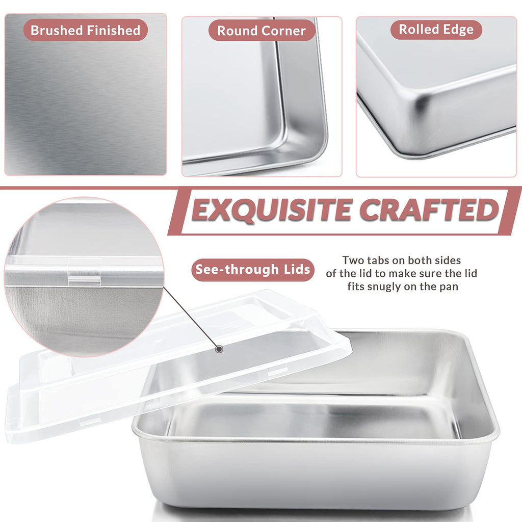 E-far 9 Inch Square Cake Pan with lid, 9x9 Baking Brownie Pans Stainless Steel Bakeware Set of 2, Non-Toxic & Healthy, Easy Clean & Dishwasher Safe - 4 Pieces(2 Pans + 2 Lids)