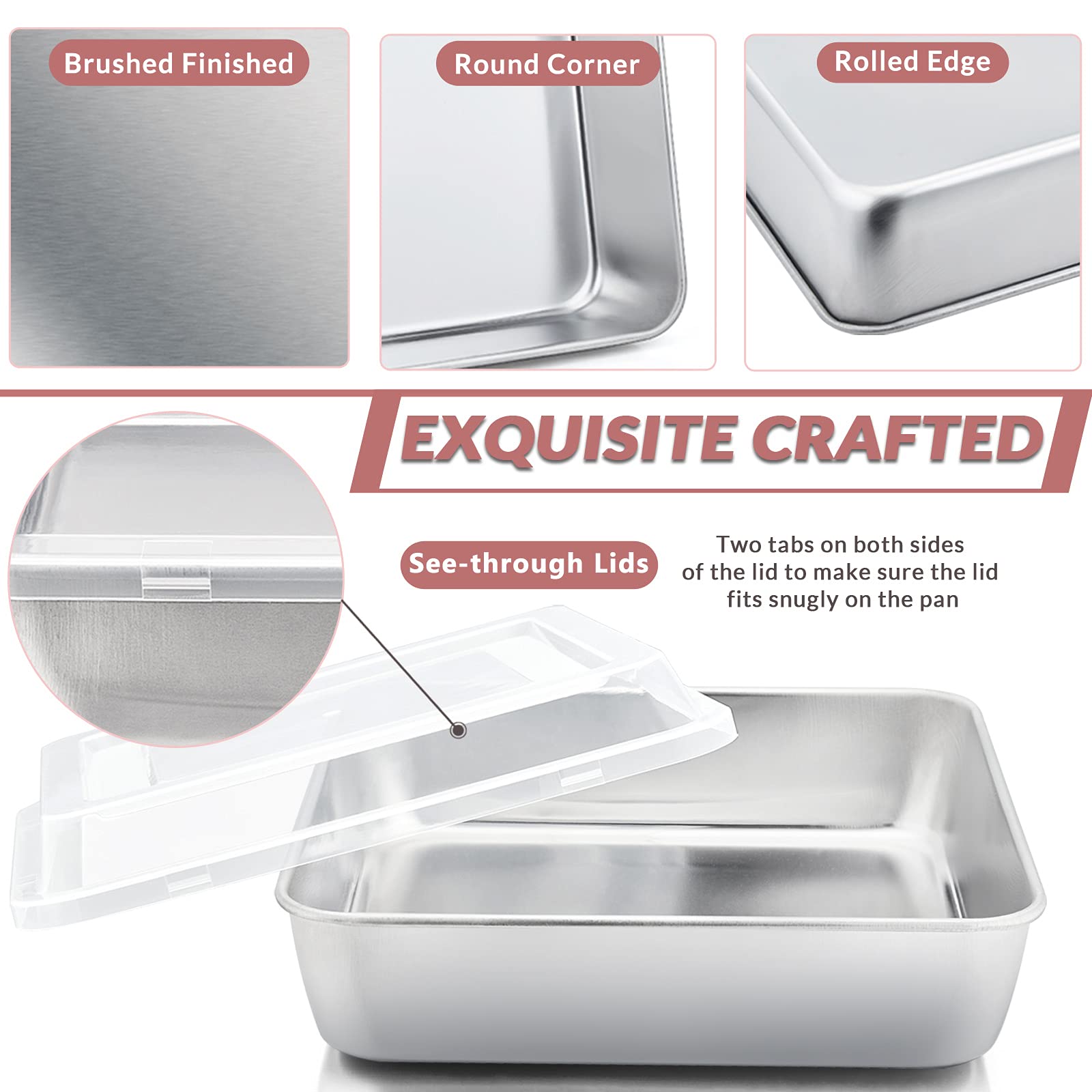 E-far 9 Inch Square Cake Pan with lid, 9x9 Baking Brownie Pans Stainless Steel Bakeware Set of 2, Non-Toxic & Healthy, Easy Clean & Dishwasher Safe - 4 Pieces(2 Pans + 2 Lids)