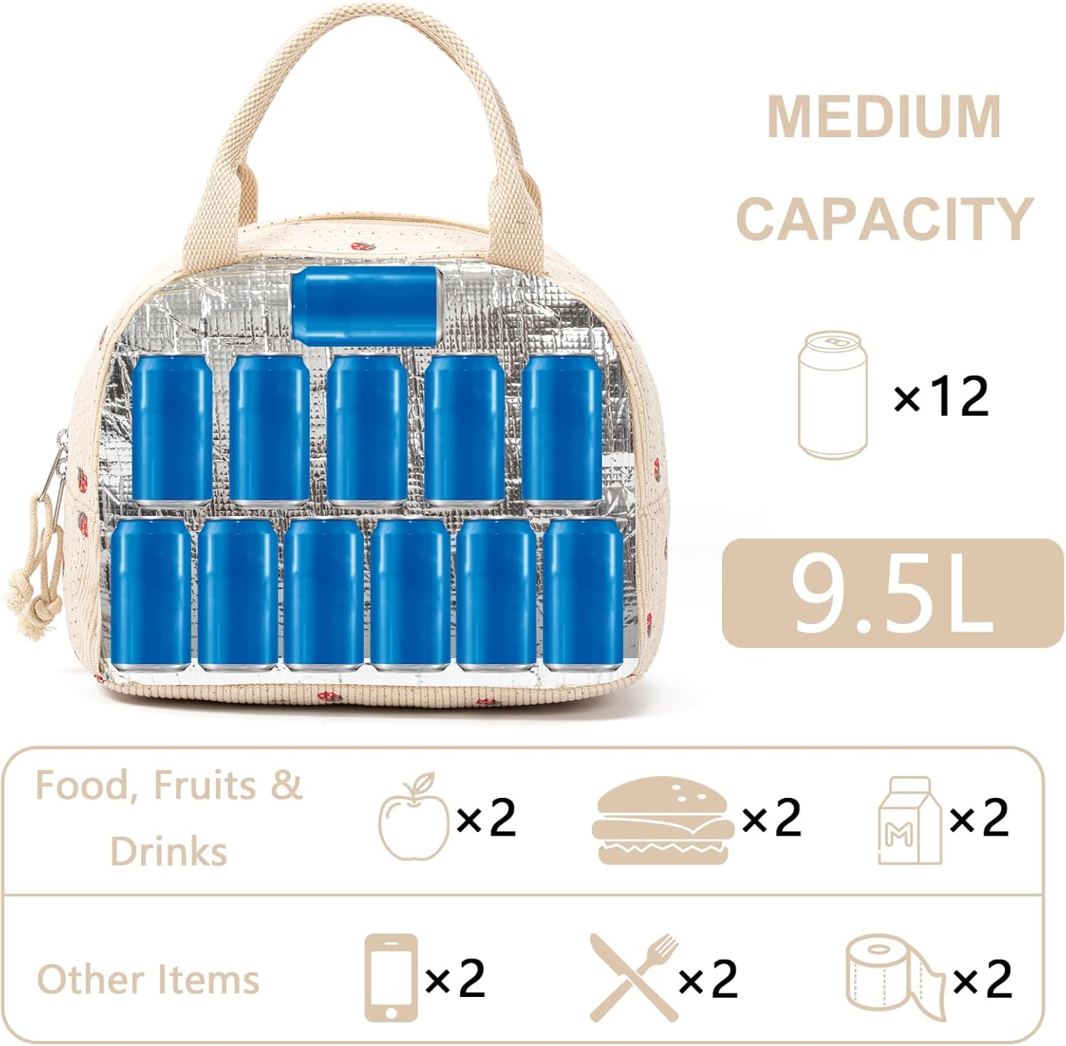 Lunch Bags for Women, Cute Stawberry Corduroy Lunch Bag, Insulated Lunch Box Boite a Lunch Femme Cooler Tote Bags, Leakproof Womens Lunch Bag for Work School Travel Picnic (Beige)
