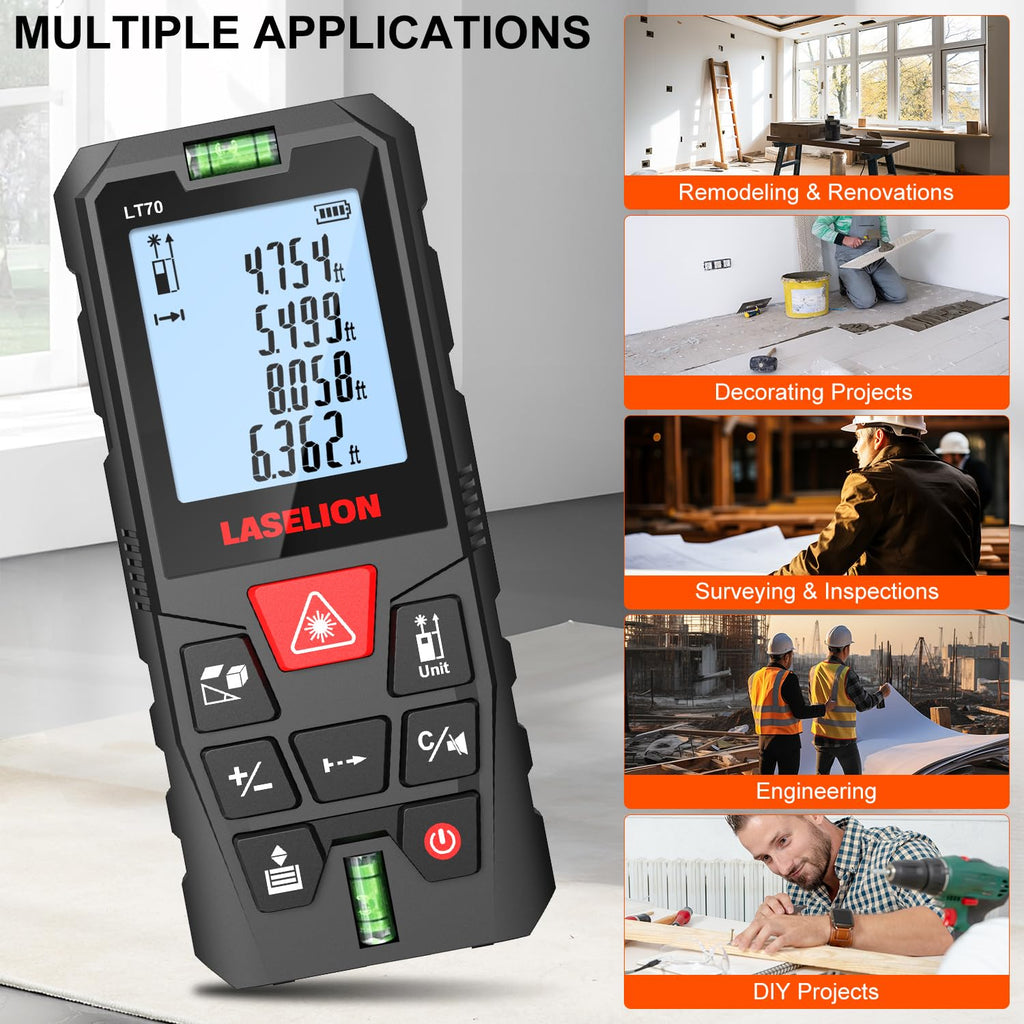 LASELION LT70 Laser Distance Meter – 70m (229ft) Range, High Accuracy, Multiple Measurement Modes, Built-in Level Bubble, and Mute Function (229ft)