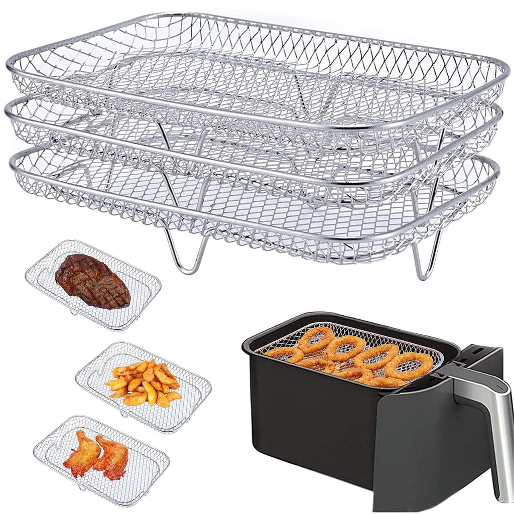 Three Stackable Dehydrator Racks Air Fryer Rack for Ninja Dual Fryer, Air Fryer Accessories 304 Stainless Steel Air Fryer Basket Tray for Oven and Press Cooker Compatible (Rectangle)