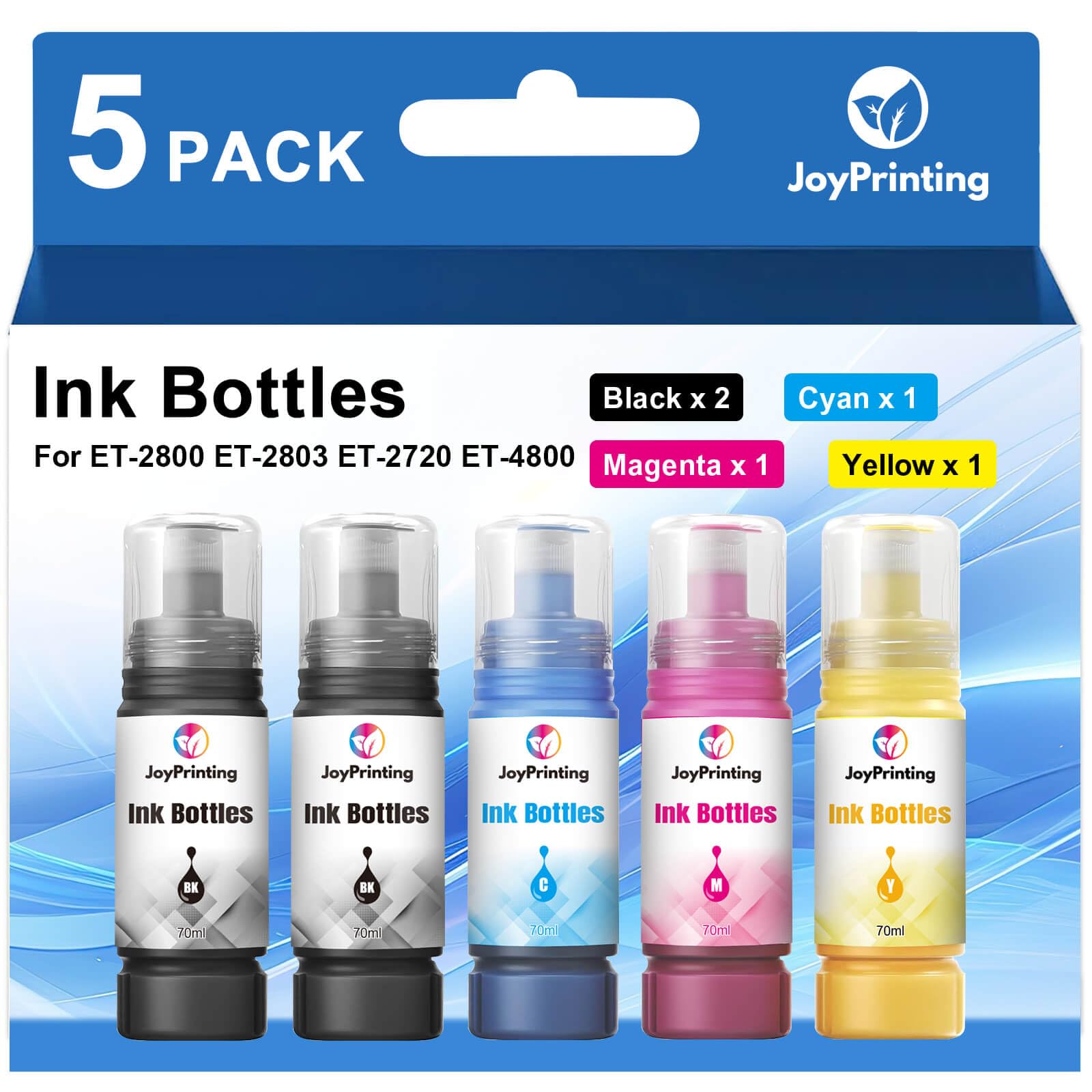 JoyPrinting Ink Refill Bottles Compatible with ET-2800 ET-2803 ET-2720 ET-4800 ET-2400 ET-4700 ET-4810 ET-2840 (2 x Black, Cyan, Magenta, Yellow, 5 Pack)