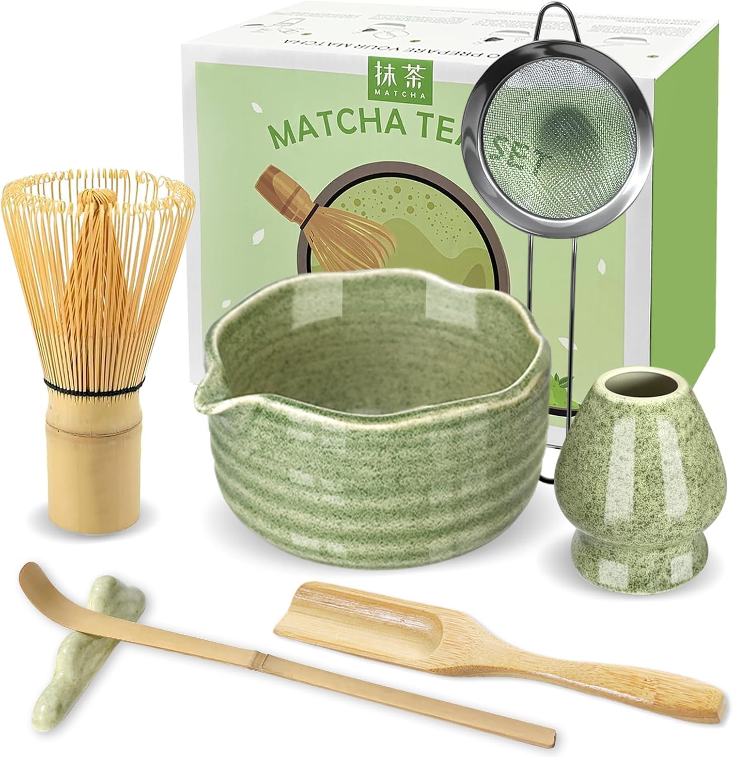 Matcha Set Matcha Tea Set 7 Pcs - Bamboo Matcha Whisk, Matcha Bowl with Spout, Matcha Whisk Holder, Sieve, Spoon and Holder, Japanese Matcha Accessories for Matcha Lover - Classic Green