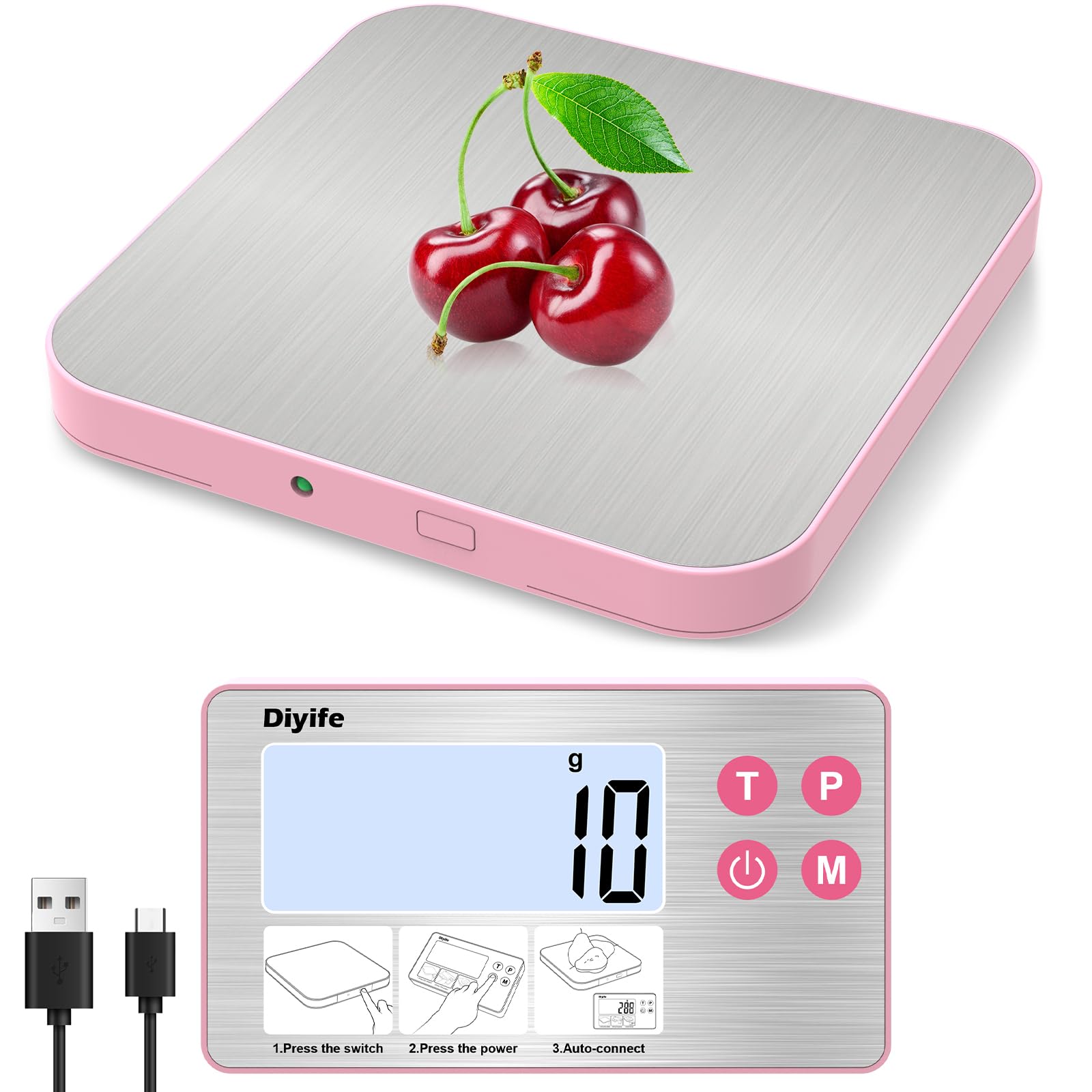 Rechargeable Separate Digital Food Scale, [33lb/15kg] Diyife Magnetic Weighing Kitchen Scale with Detachable Display, Stainless Steel Platform, Tare Function, Suit for Baking, Coffee, Cooking(Pink)