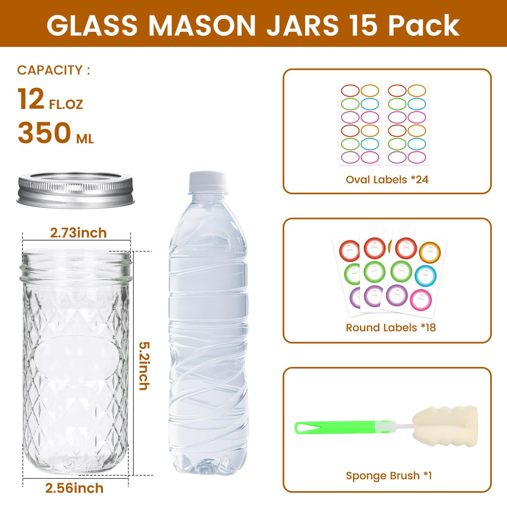 BIGIVACA 12 oz Mason Jars - 15 Pack Regular Mouth Canning Jars - Glass Jar with Silver Lids and Bands for Jam, Jelly, Honey, Sauce