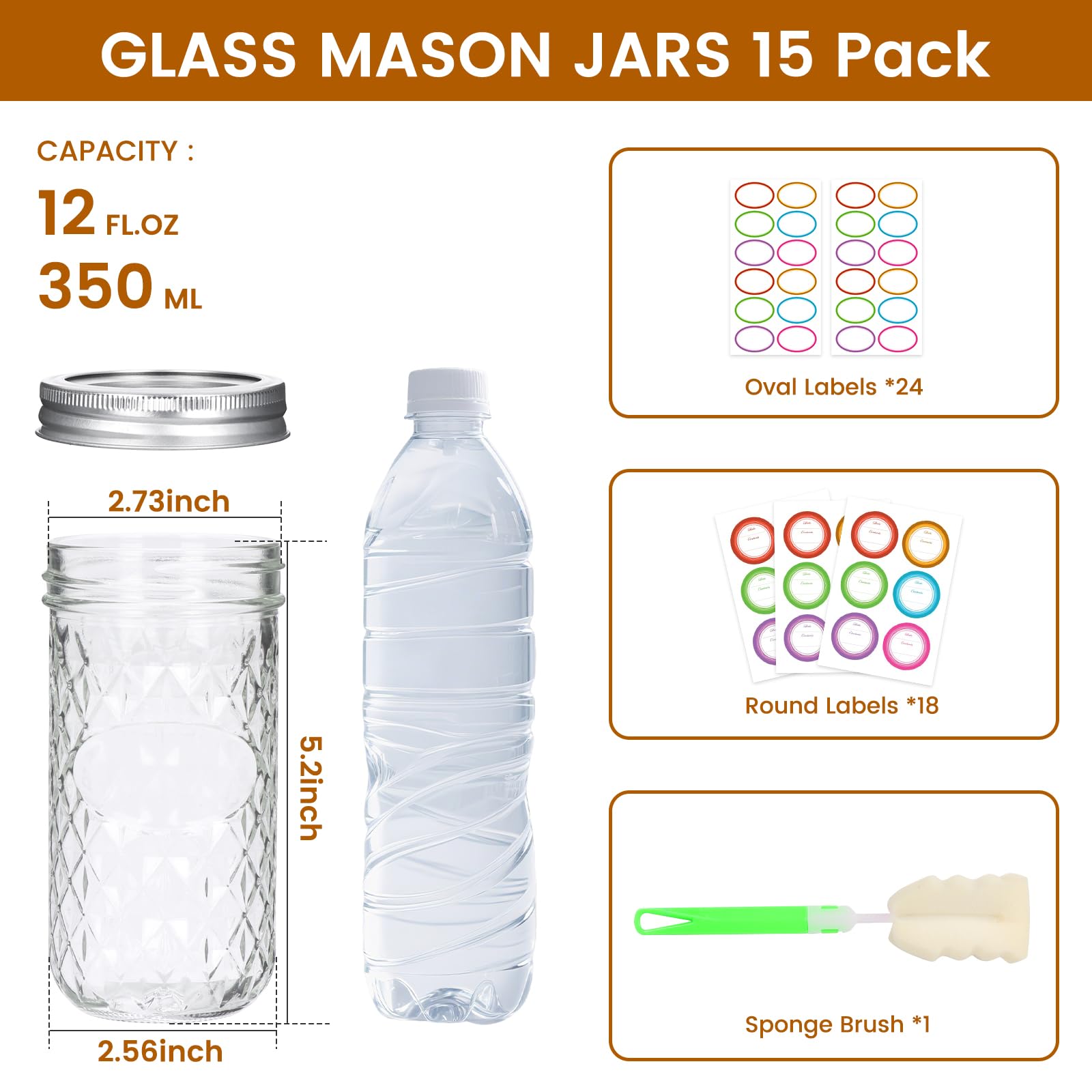 BIGIVACA 12 oz Mason Jars - 15 Pack Regular Mouth Canning Jars - Glass Jar with Silver Lids and Bands for Jam, Jelly, Honey, Sauce