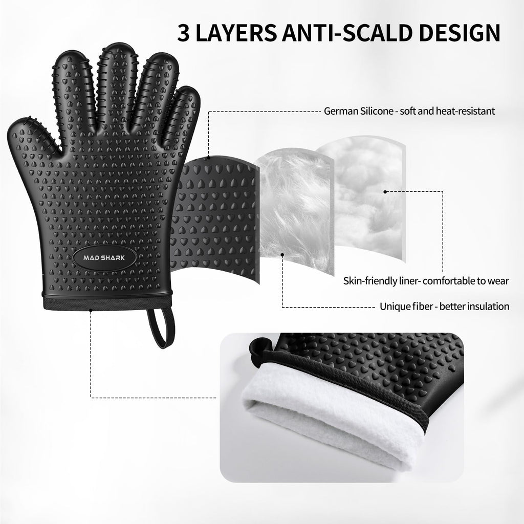 MAD SHARK Silicone Oven Mitts Heat Resistant 450 Degrees,Waterproof & Non-Slip Oven Gloves with Fingers,Cotton Lined Silicone Oven Gloves Kitchen Mitts for Baking Cooking Barbecue,Women (Black)