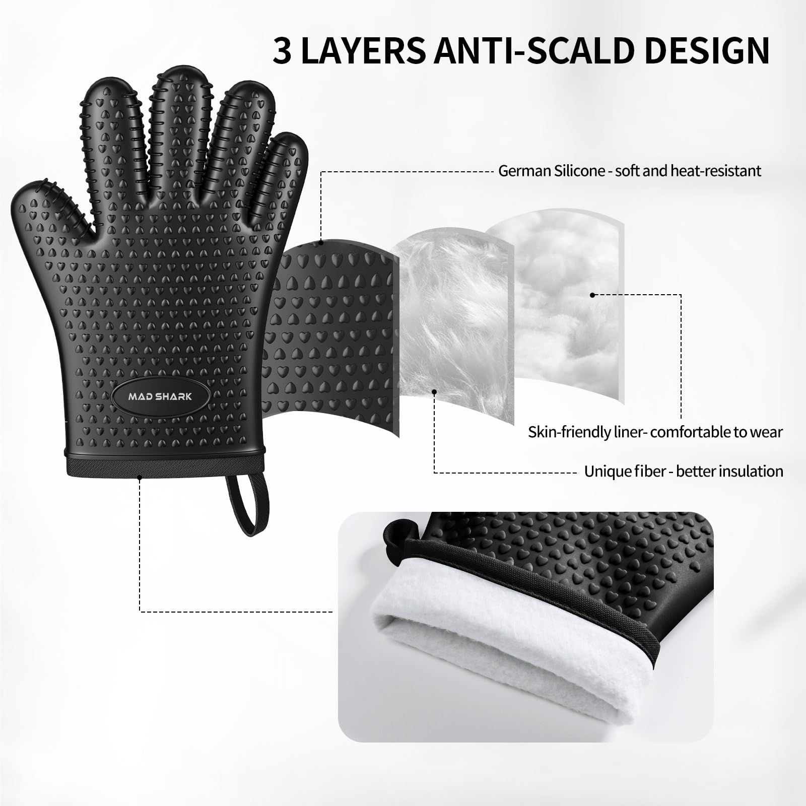 MAD SHARK Silicone Oven Mitts Heat Resistant 450 Degrees,Waterproof & Non-Slip Oven Gloves with Fingers,Cotton Lined Silicone Oven Gloves Kitchen Mitts for Baking Cooking Barbecue,Women (Black)