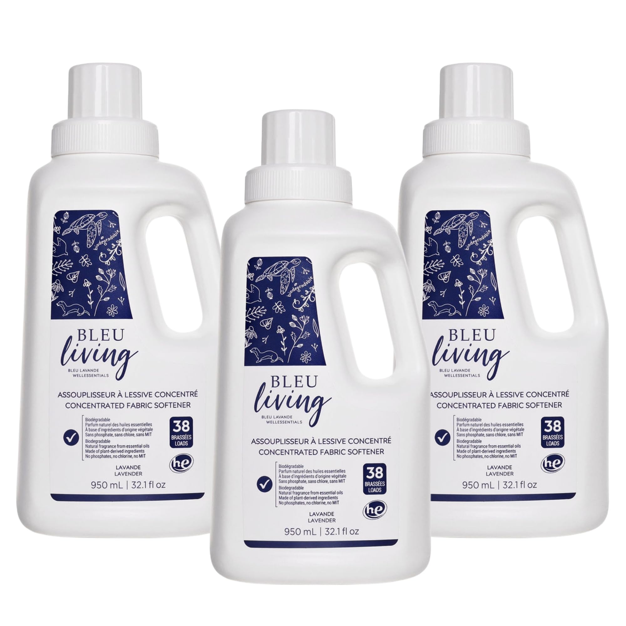 Bleu Lavande - 3-Pack Natural Fabric Softener – Concentrated Lavender Liquid Softener - Biodegradable, Eco-friendly, Hypoallergenic - Chloride & Phosphate-free - Aromatherapy - (38 loads-950 ml) x3
