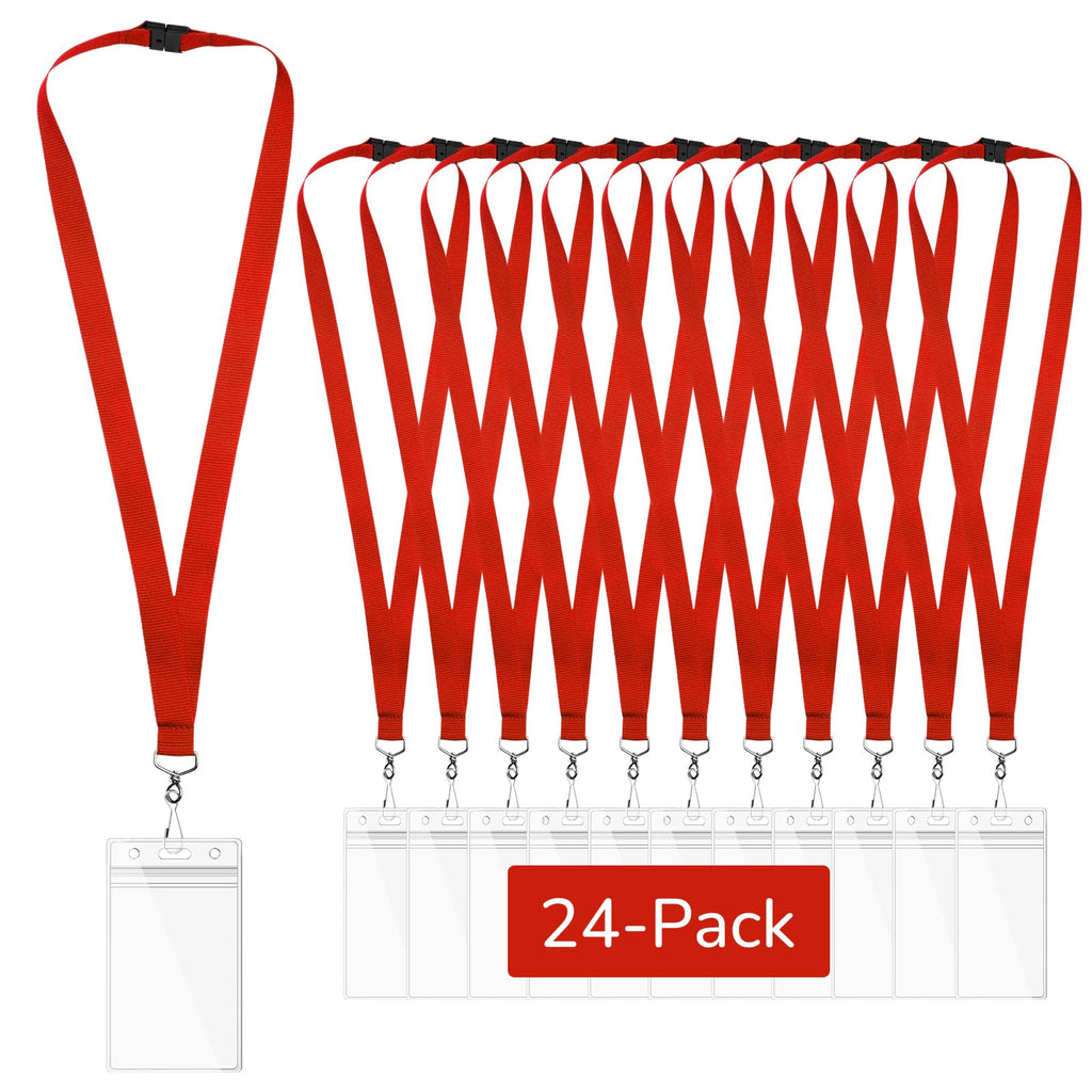 WEZEBEL 24-Pack Red Breakaway Lanyards with Waterproof Badge Holders, Metal Hook, Polyester Neck Straps for ID Cards, Events, Office, and Schools