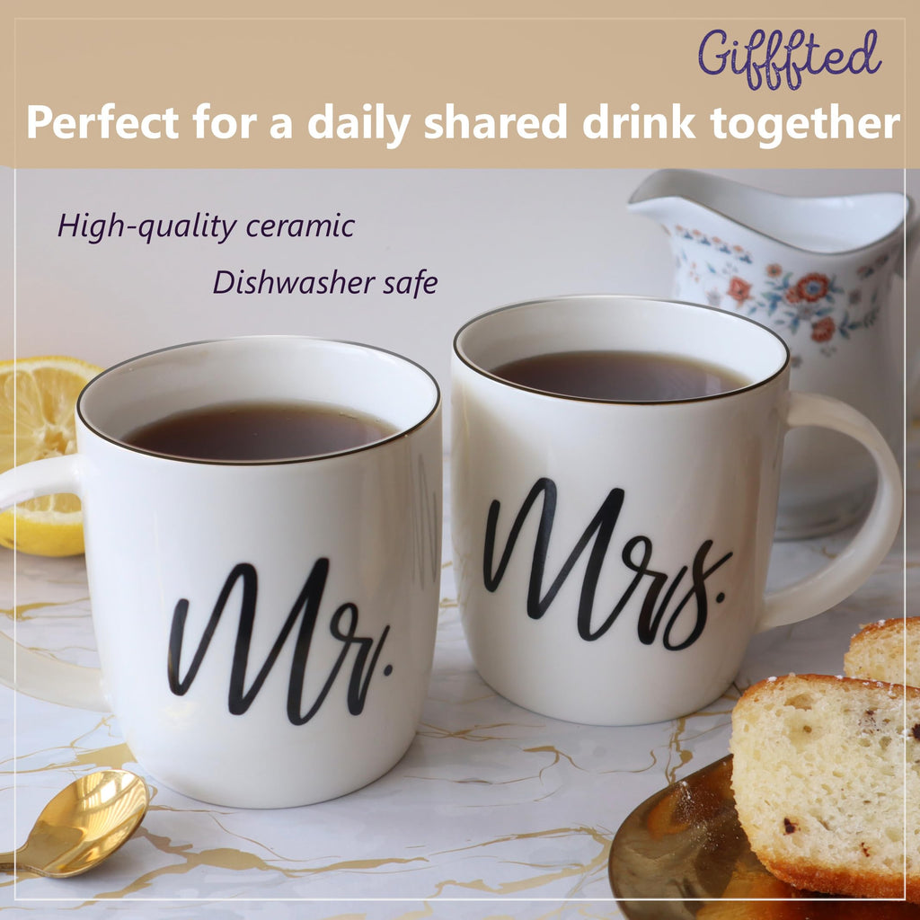 Triple Gifffted Mr and Mrs Coffee Mugs Couples Gifts Ideas for Christmas Wedding Anniversary Engagement Valentines His Hers Present,Husband Wife Him Her Men Women Bride Groom Newlyweds, Ceramic 380ml