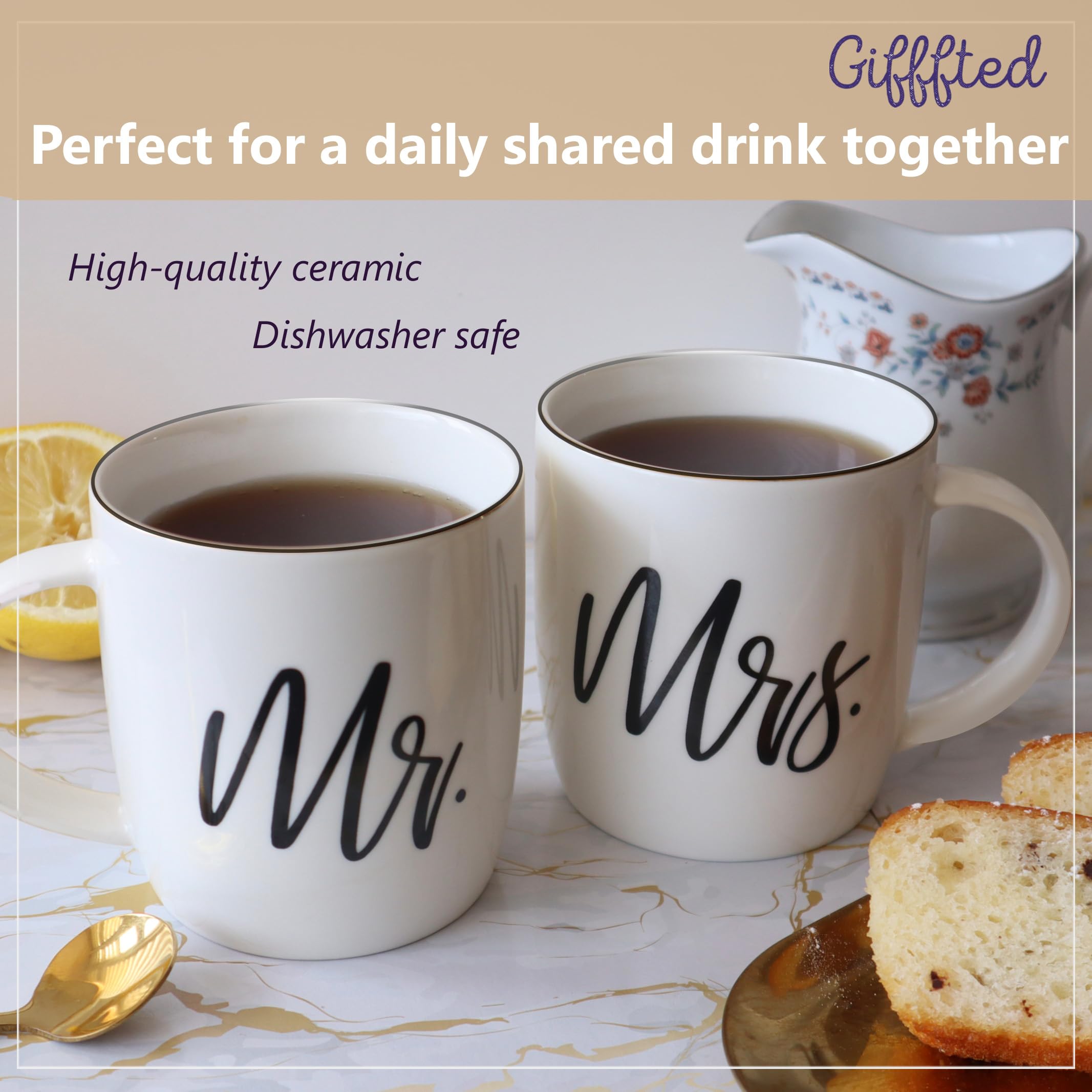 Triple Gifffted Mr and Mrs Coffee Mugs Couples Gifts Ideas for Christmas Wedding Anniversary Engagement Valentines His Hers Present,Husband Wife Him Her Men Women Bride Groom Newlyweds, Ceramic 380ml