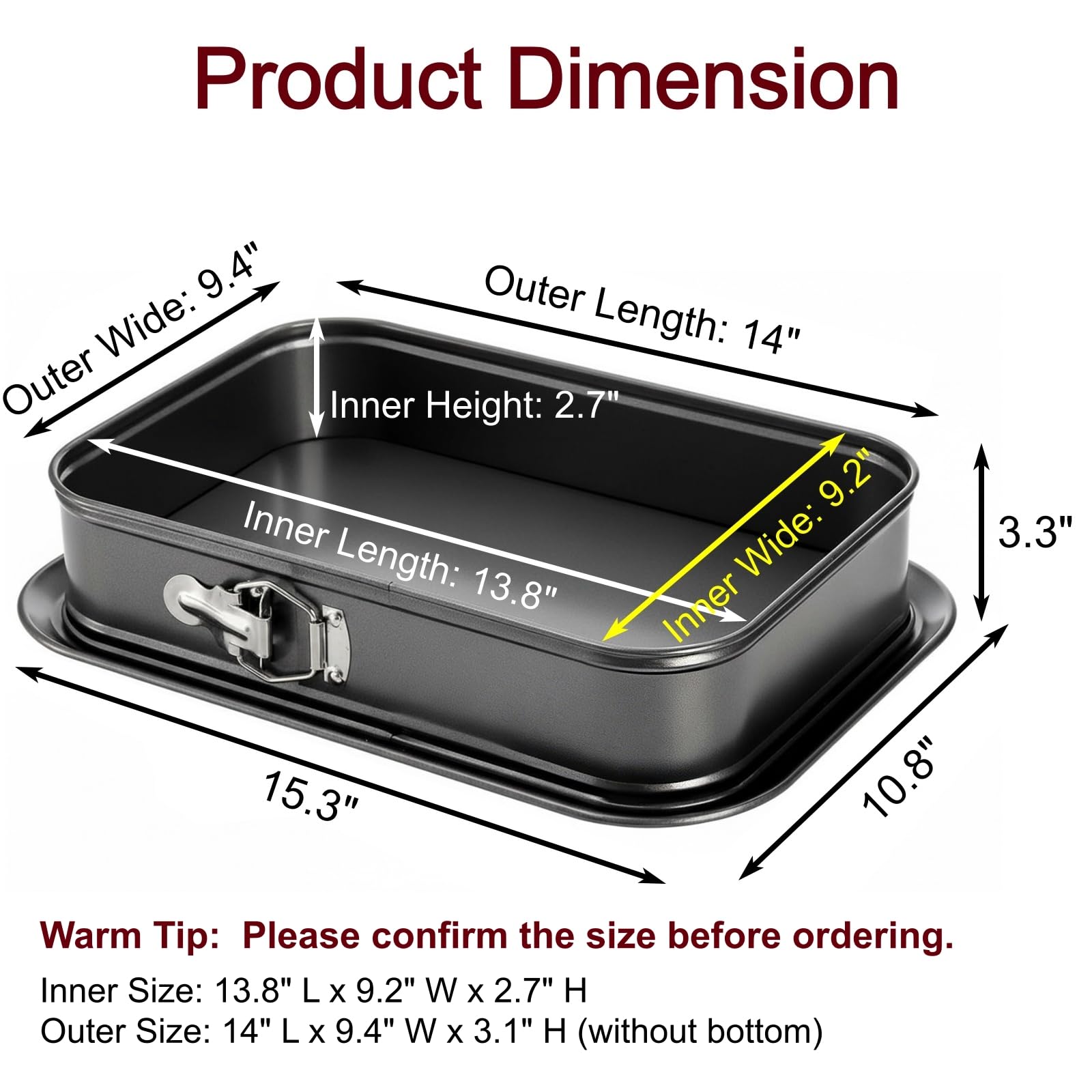 SOUJOY Springform Cake Pan, Non-Stick Cheesecake Pan, 14 x 9 Inch Large Rectangle Cake Pan with Removable Bottom, Ice Cream Cake Bakeware, Black