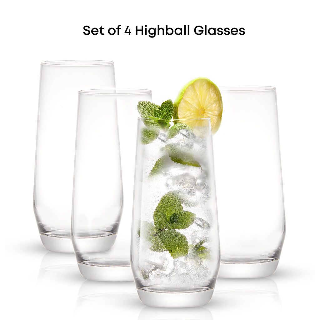 JoyJolt Gwen Highball Glasses Set of 4 Tall Drinking Glasses. 18oz Cocktail Glass Set. Lead-Free Crystal Glassware. Bourbon or Whiskey Glass Cup, Bar, Iced Tea, Water, Mojito and Tom Collins Glasses