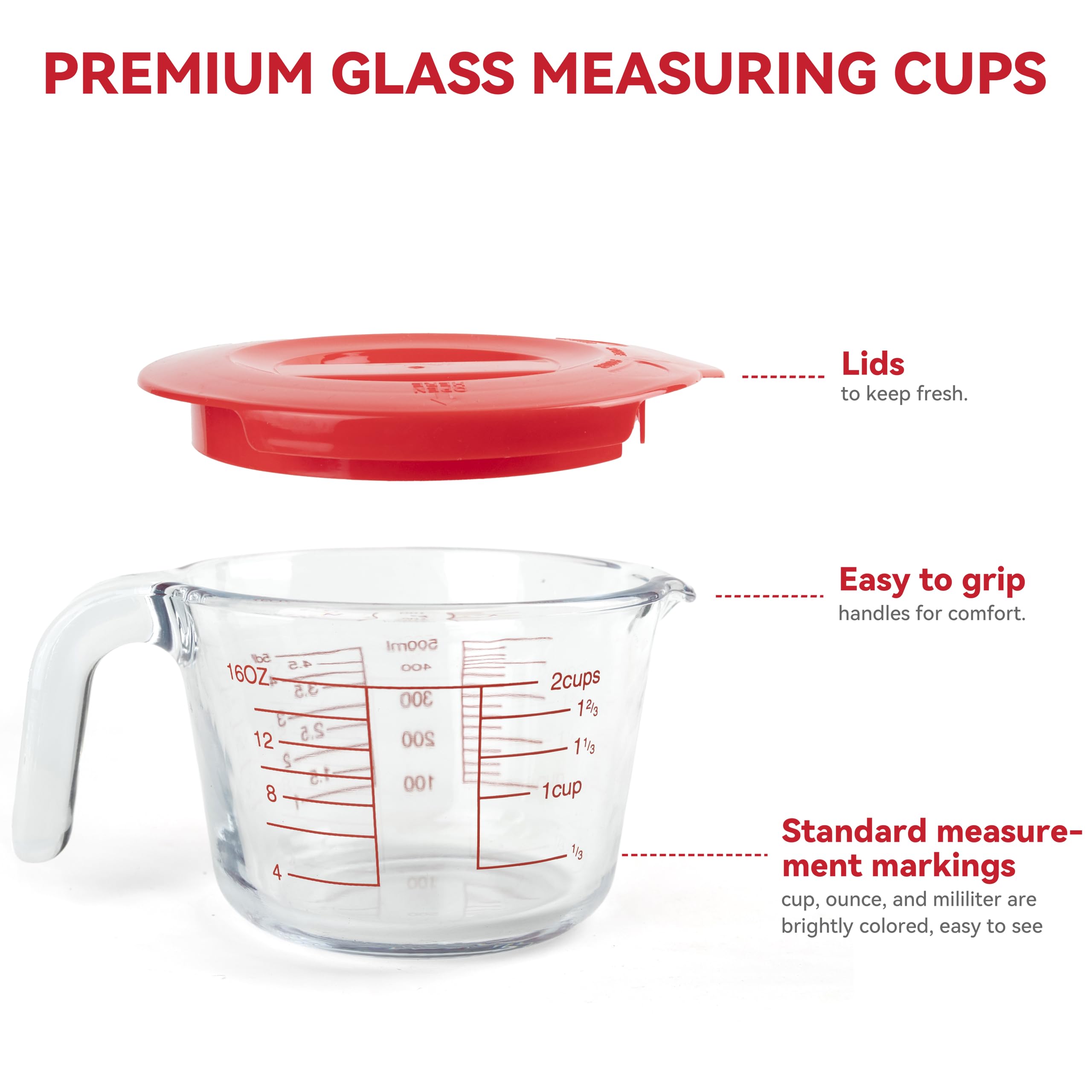 CUTEPLAN 6 Pcs Glass Measuring Cups Set with Lids (Strainer Included) - 1-Cup/2-Cup/4-Cup Nesting Jugs with Easy-Grip Handles, Kitchen Liquid Measuring