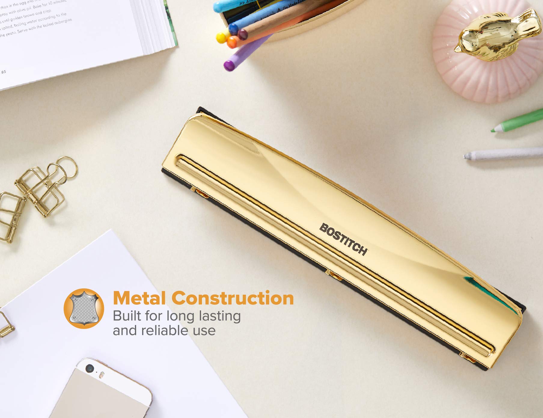 Bostitch Office 3 Hole Punch, 12 Sheet Capacity, Durable Metal, Gold Chrome, Rubber Base