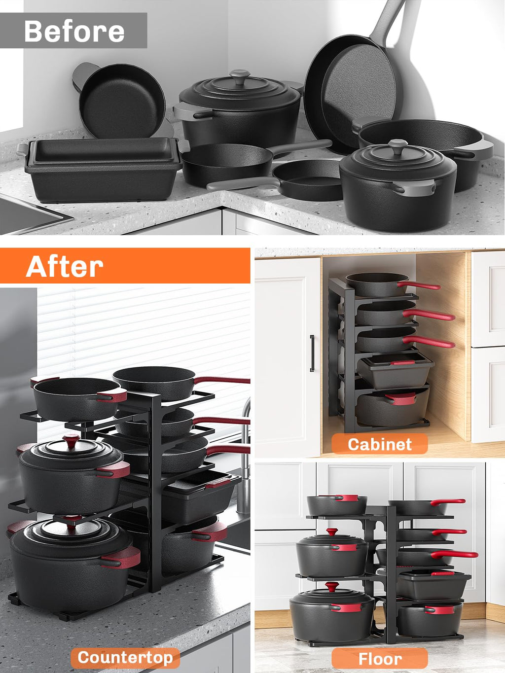 MUDEELA 8-Tier Pots and Pans Organizer under Cabinet, 15.83" Height Heavy Duty Pot Pan Organizer Kitchen Cabinet Organization and Storage, Adjustable Pot Rack for Frying Pan, Cast Iron Skillet, Black