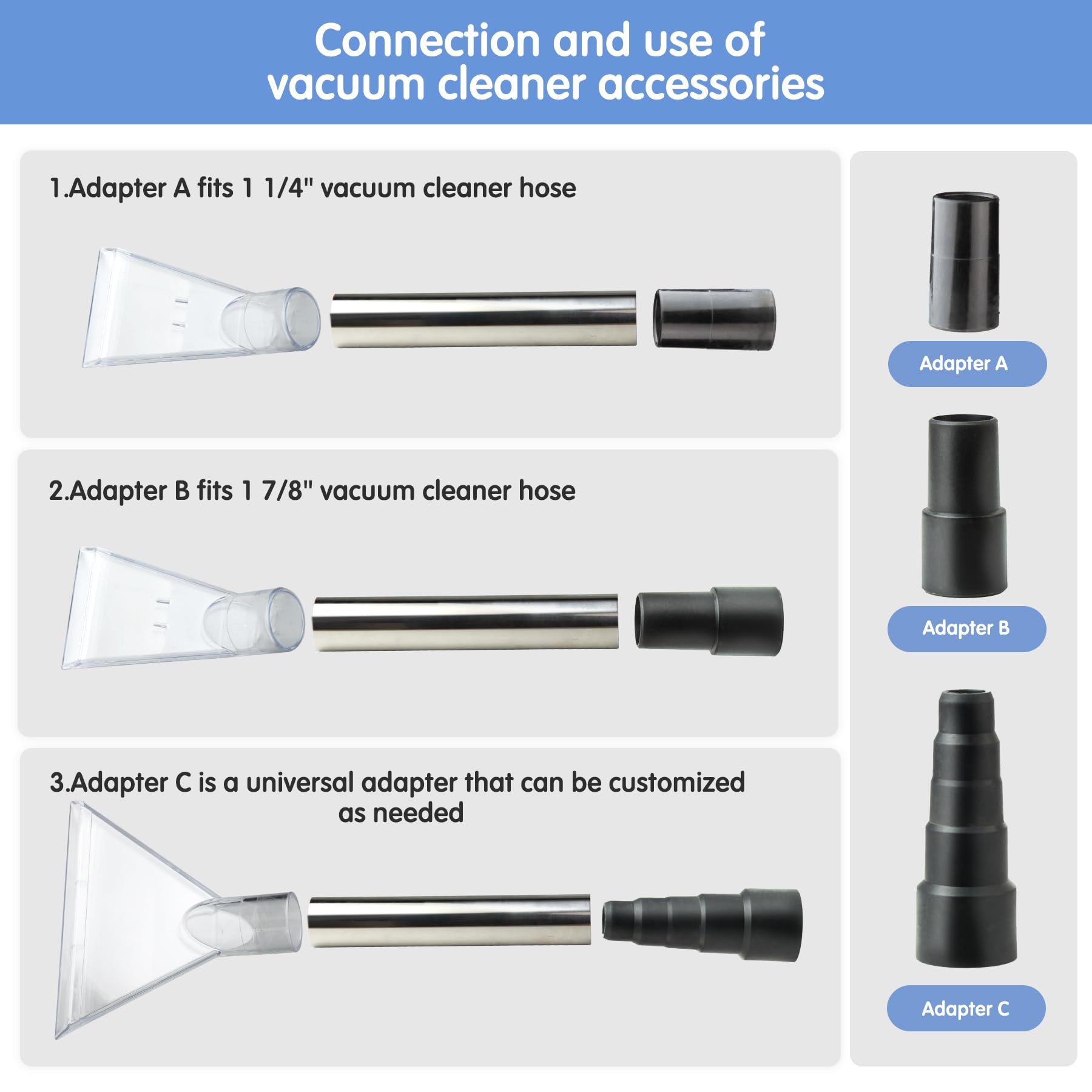 Universal Clear Vacuum Extraction Accessory with 1-1/4“,1-7/8” and 2-1/2” Adapter,Compatible with All Shop Vac Extractor,Wet Dry Vacuum Cleaner Attachments for Upholstery,Carpet Cleaning,Car Detailing