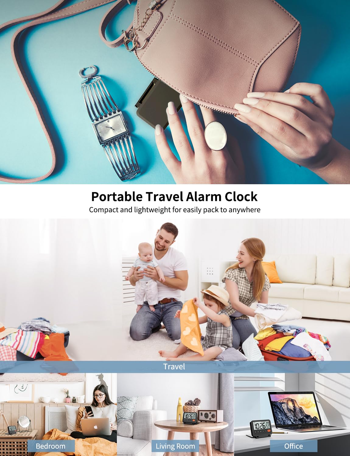 MeesMeek Digital Travel Alarm Clock: Small Bedside LCD Clock with Date Temperature Snooze Backlight 12/24H Weekend Mode and 2 Volume, Desk Clock for Kids Office Bedroom, Battery Included (Black)