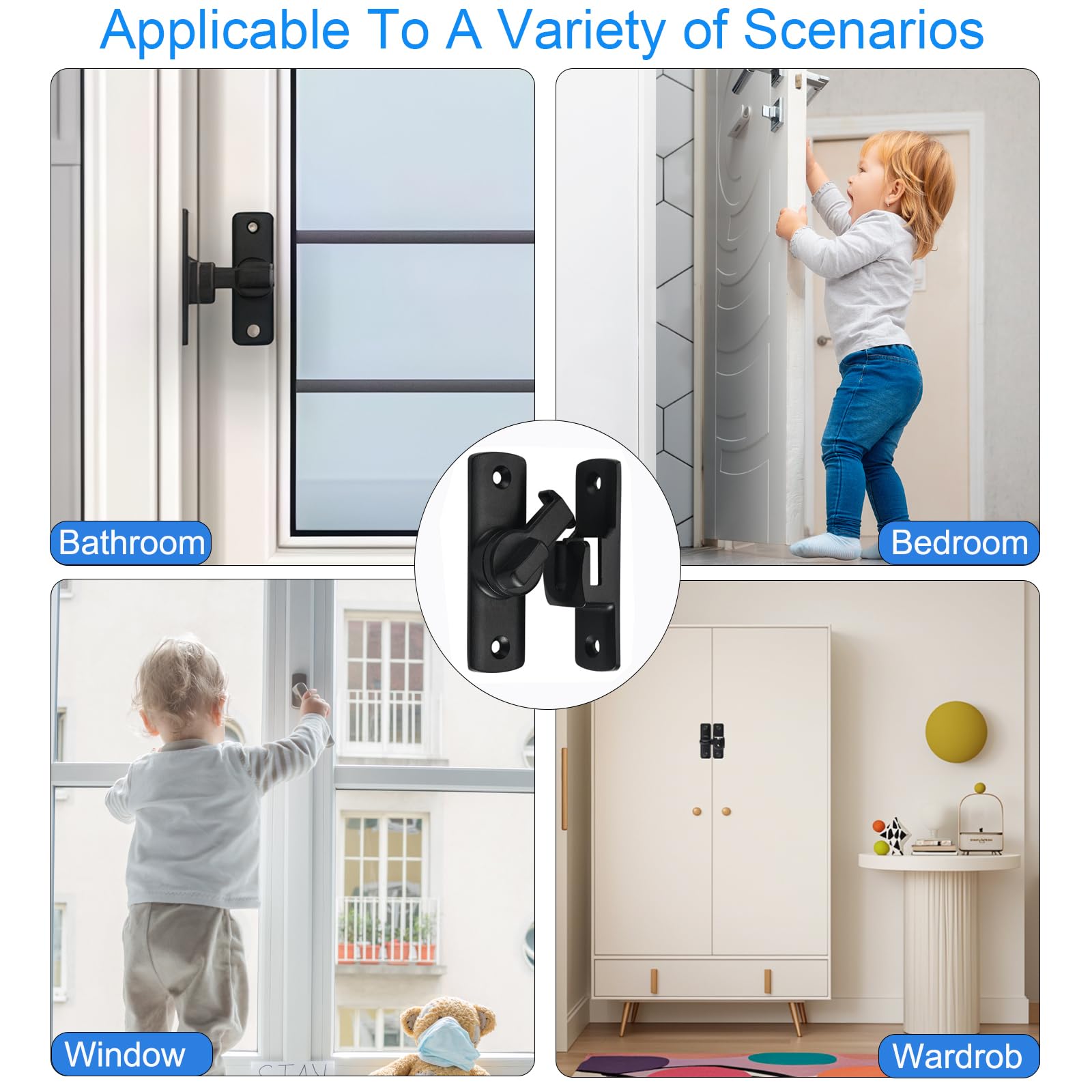 2PS 90/180 Barn Door Lock, Heavy Duty Rust-Proof Sliding Door Lock - Protecting Families Childs Safety Gate Latch for Barn,Bathroom, Garden, Window, Cabinet, Garage, Pet Door (Black)
