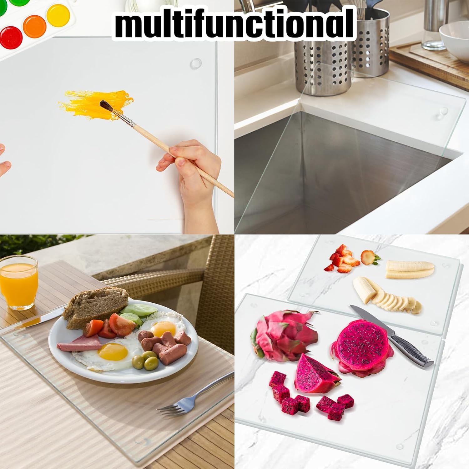 JAMBALAY Tempered Glass Cutting Board for Kitchen, 40CMx30CM Clear Glass Cutting Board with Rubber Non-Slip Feet, Heat and Scratch Resistant, Shatterproof, Dishwasher Safe,Transparent