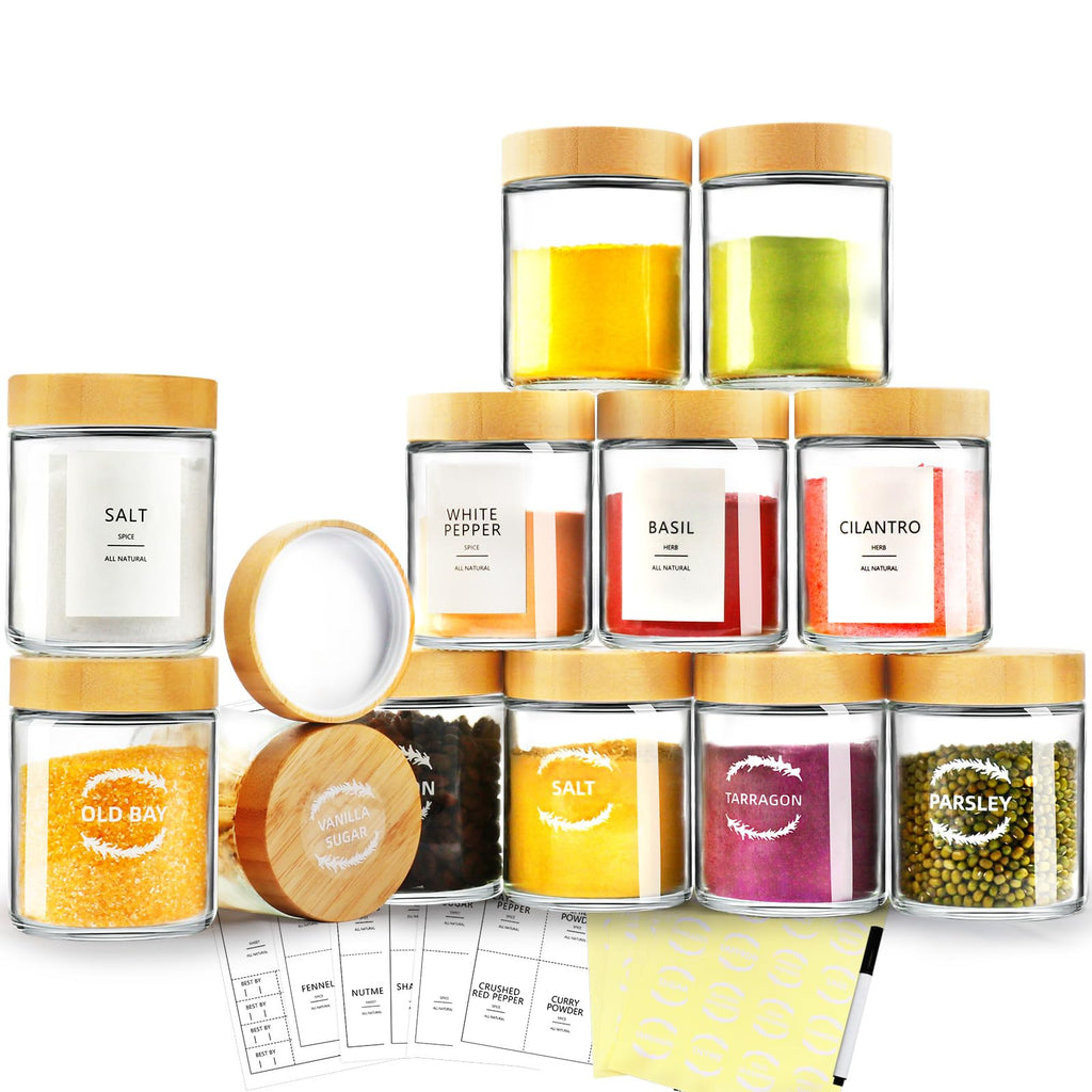 AISIPRIN 12-Piece 8oz Glass Jars with Bamboo Lids, Multi-Purpose Spice & Canning Jars, Includes 210 Labels and Marker