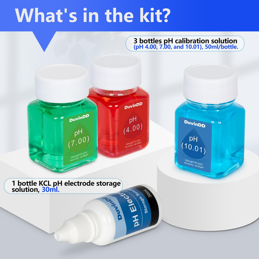 DuvinDD pH Meter Calibration Solution Kit - 3 Bottles 50ml (pH 4.00, 7.00 & 10.01) with 30ml pH Probe Electrode Solution, Professional Ready-Made pH Calibration Solution Plus KCL Storage Solution