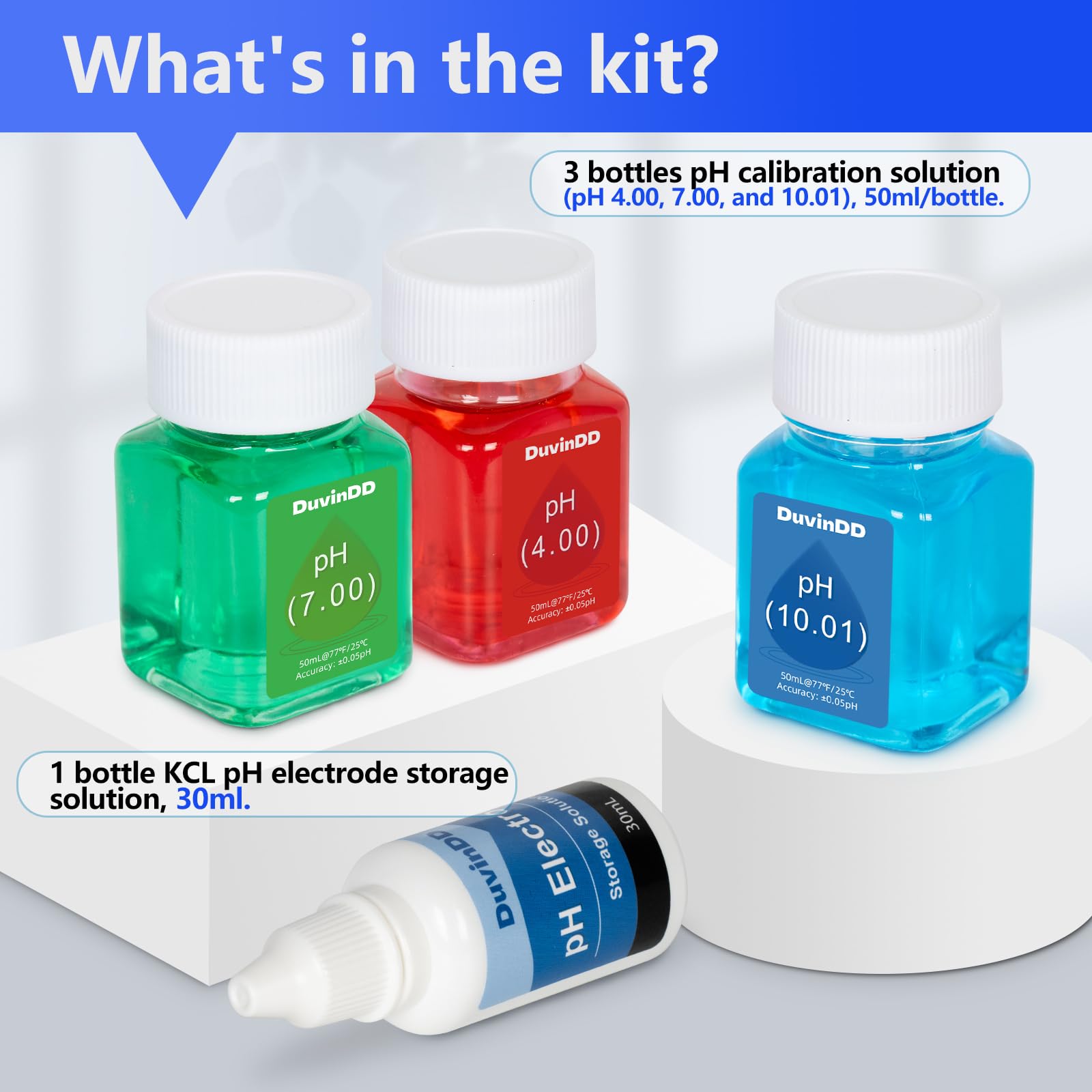 DuvinDD pH Meter Calibration Solution Kit - 3 Bottles 50ml (pH 4.00, 7.00 & 10.01) with 30ml pH Probe Electrode Solution, Professional Ready-Made pH Calibration Solution Plus KCL Storage Solution