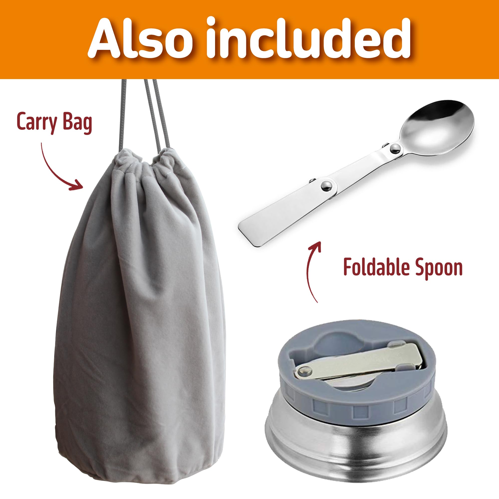 Insulated Food Flask - 530ml Stainless Steel Jar for Hot and Cold Meals – Double-Wall Insulation, Thermal Food Container for School, Office, Travel, Camping - Foldable Spoon, Bag - Orange - 24.7 oz…