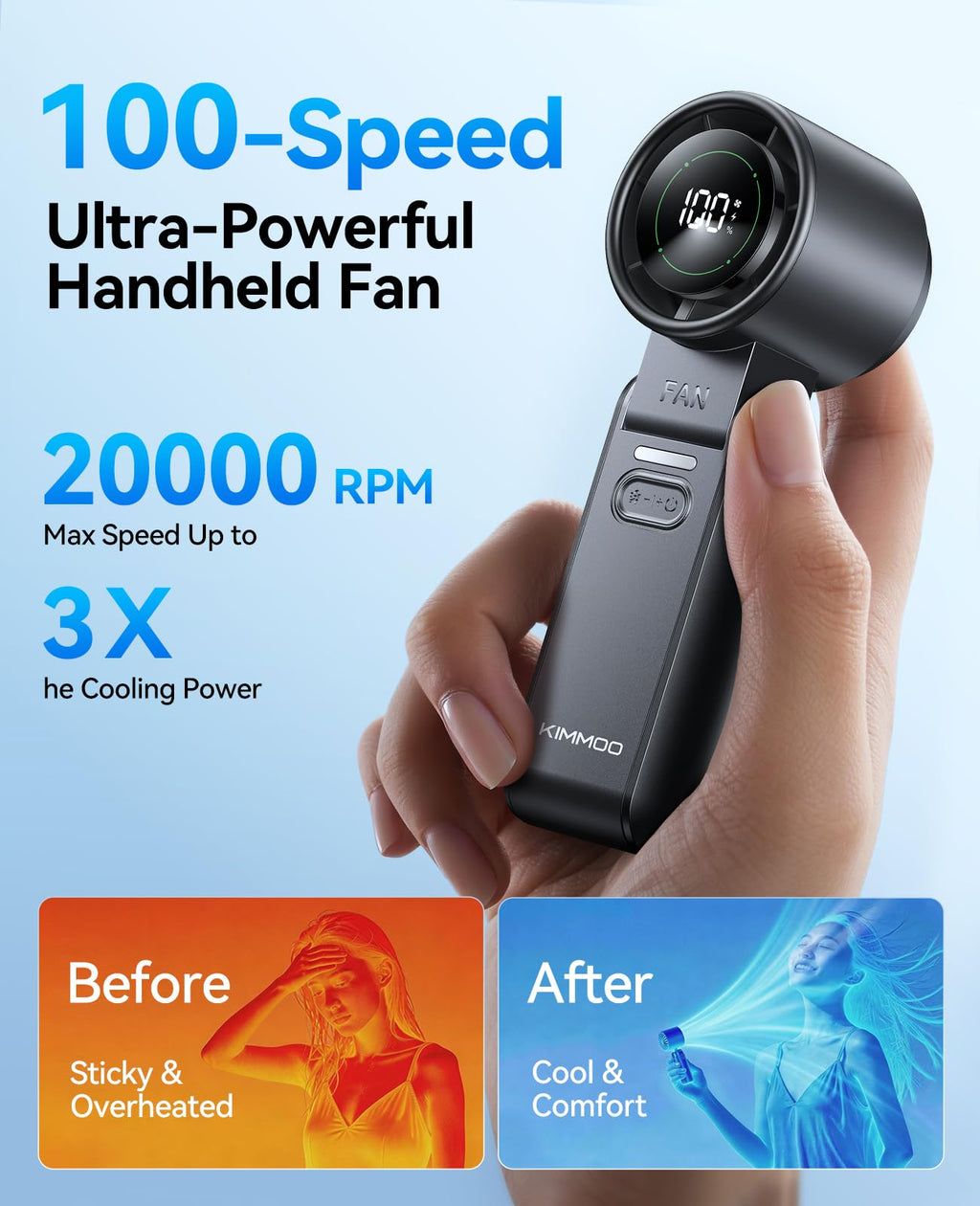 KIMMOO 3-in-1 Portable Handheld Turbo Fan -100 Speeds, Powerful 20000 RPM, 12Hrs Cooling, 120° Rotation, USB Rechargeable Mini Hand Held Personal Fan for Travel Makeup Outdoor Indoor (Black)