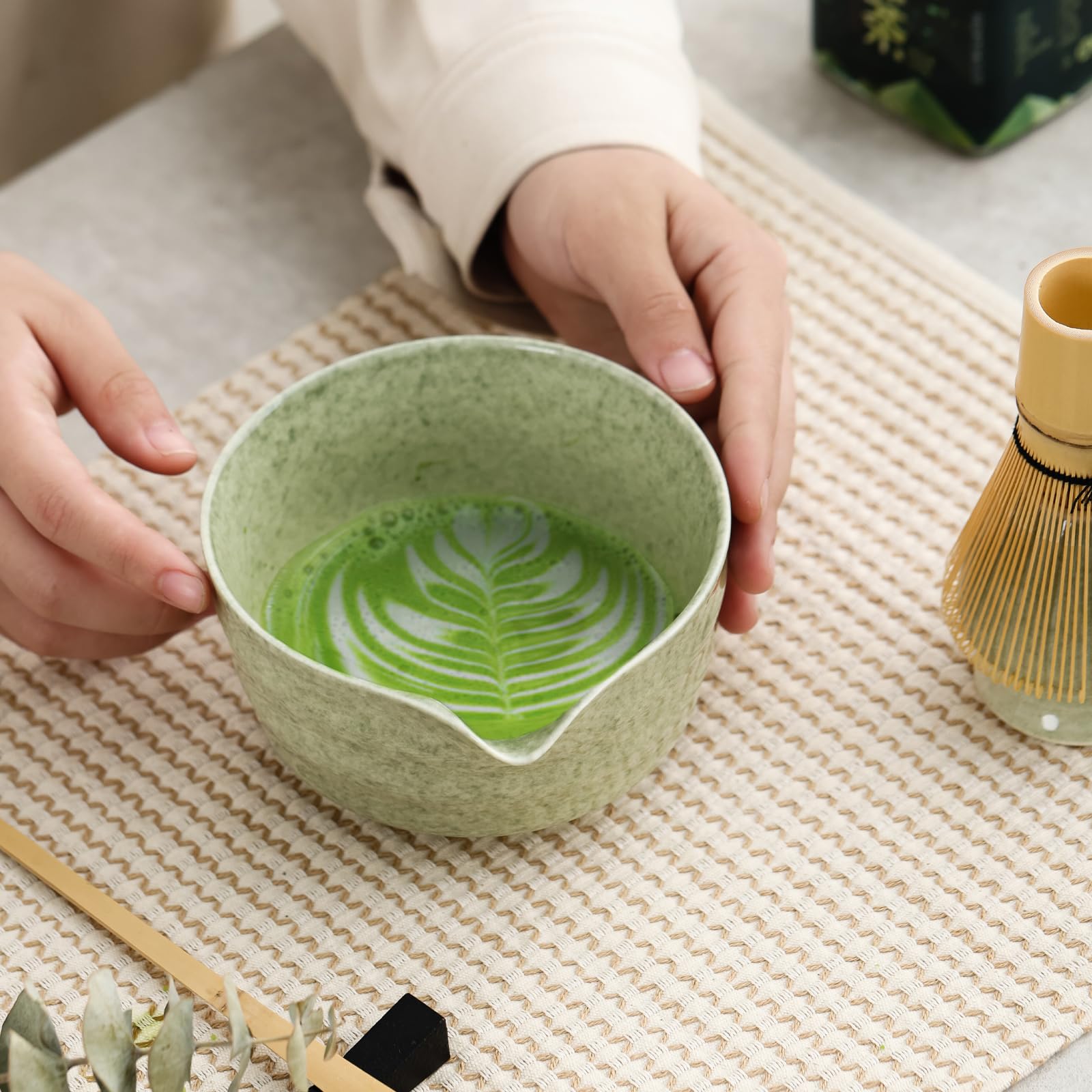 Matcha Set, Japanese Tea Set Includes Matcha Bowl with Spout, Matcha Whisk Holder, Bamboo Matcha Whisk and Bamboo Scoop, 17 oz Mottled Tea Green Glaze Ceramic Matcha Kit for Tea Lovers