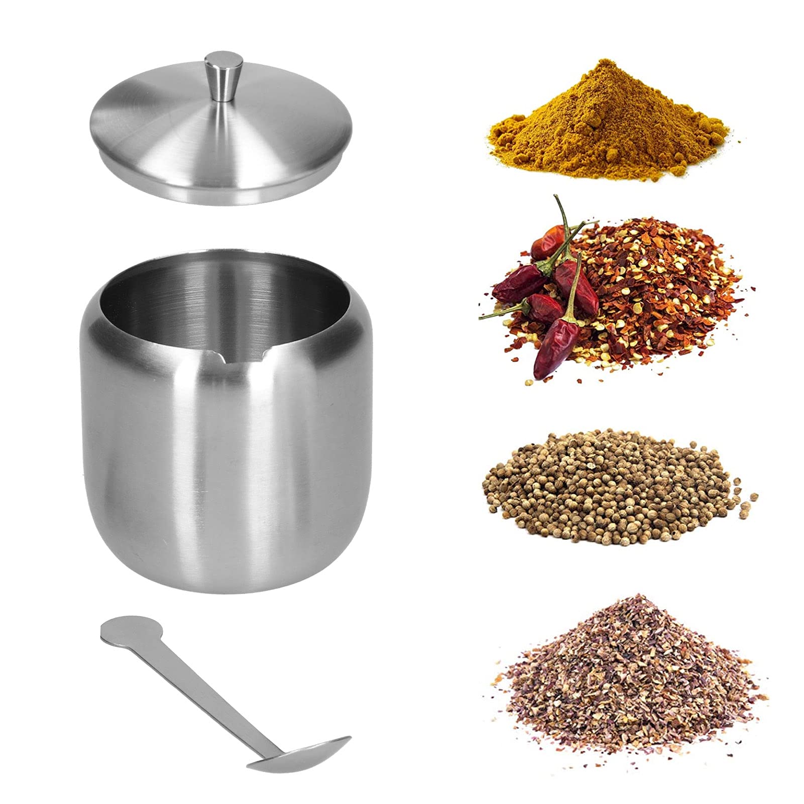Sugar Bowl,304 Stainless Steel Polished Sugar Storage Jar Salt Pepper Spices Bowl with Spoon and Lid Seasoning Container Dispenser for Home Coffee Bar, 370ML