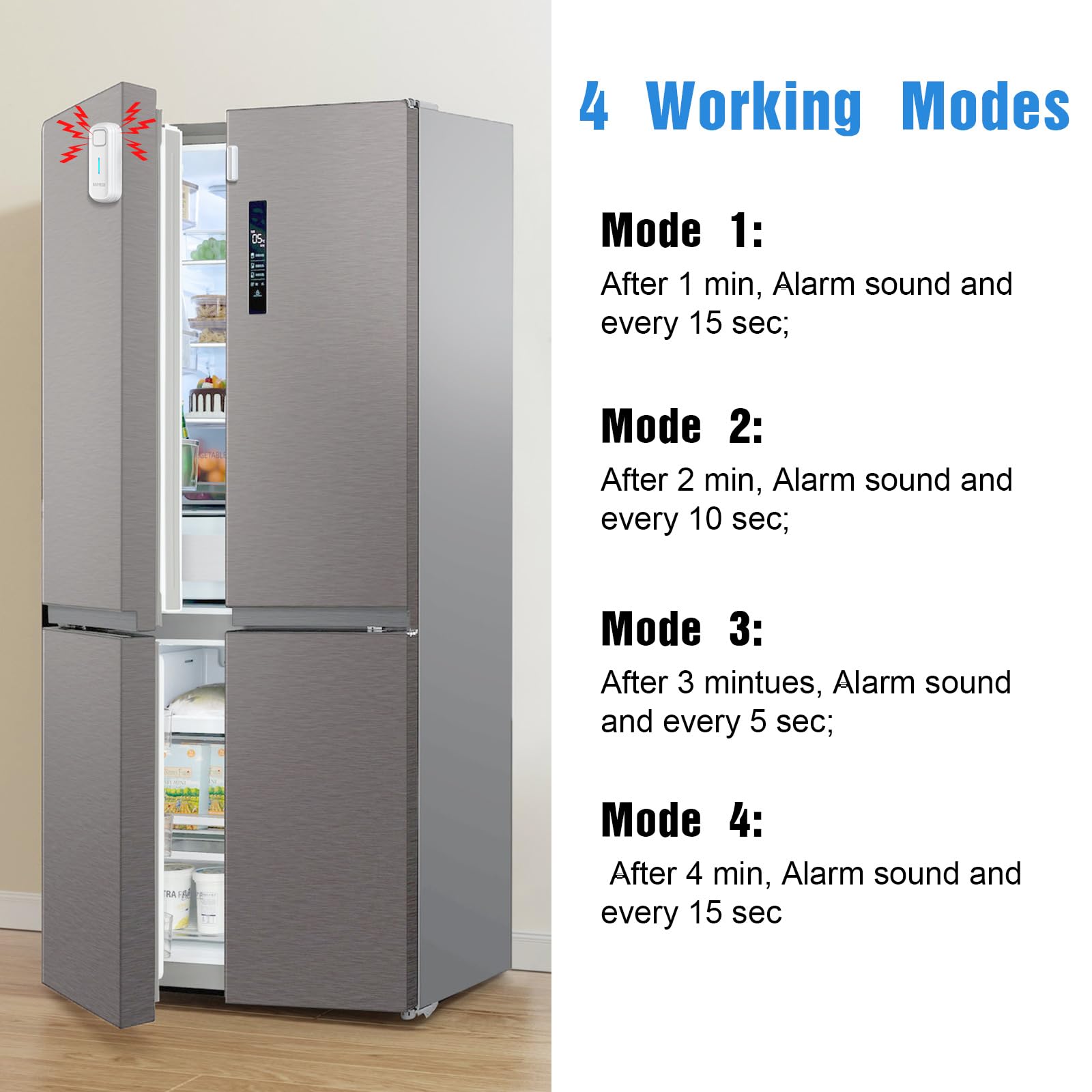 DAYTECH Freezer Door Alarm Freezer Alarm with Delay 60/120/180/240 Seconds Wireless Door Sensor When Left Open Fridge Alert with 0-120dB Adjustable Volume Levels, 1 PC