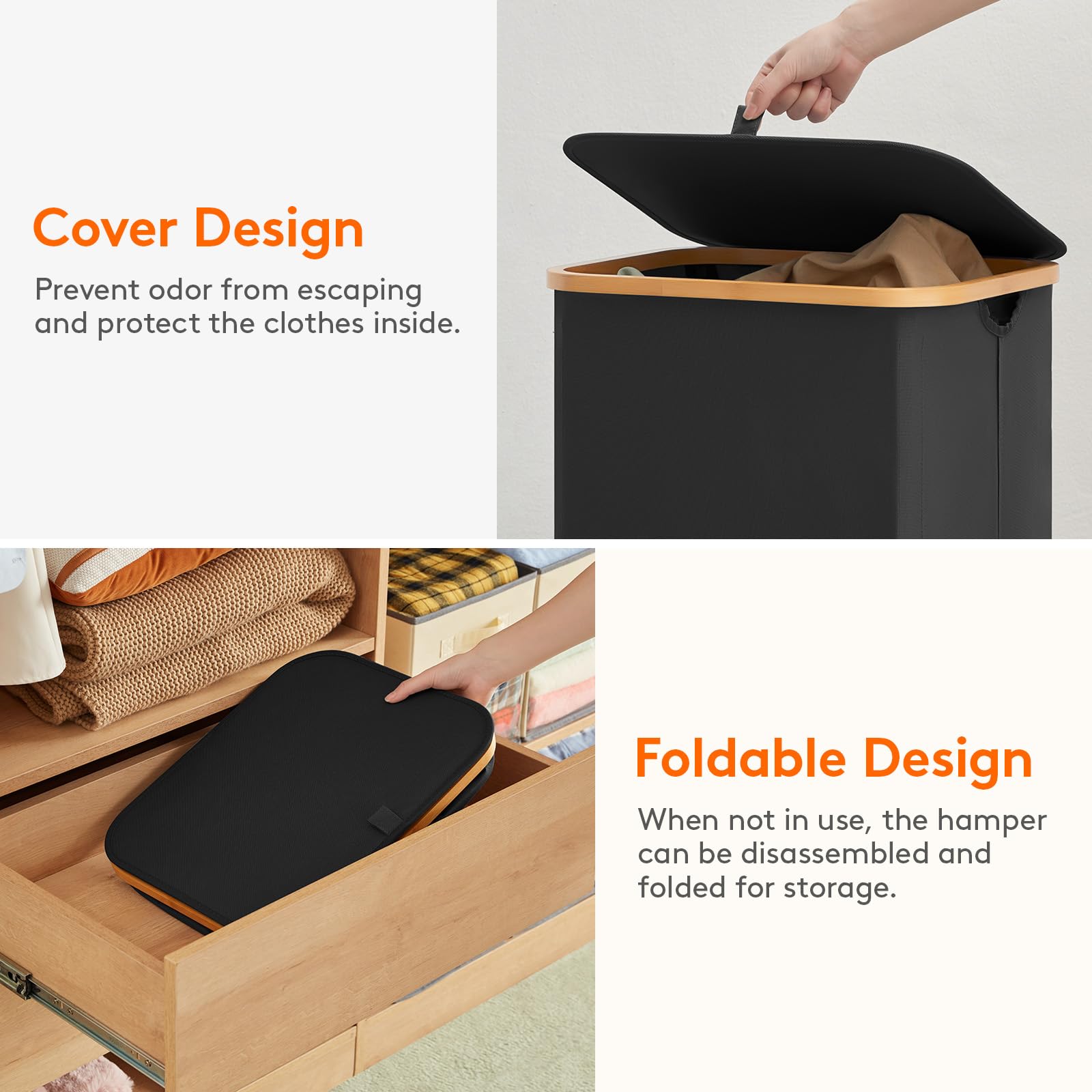 Lifewit Large Laundry Basket with Lid, Collapsible Laundry Hamper with Removable Laundry Bag, Tall Clothes Storage Laundry Bin with Bamboo Handles for Bedroom, Bathroom, Laundry Room, Black, 100L