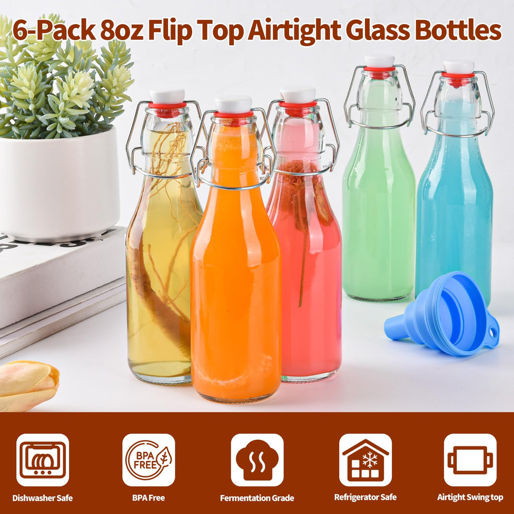 6 PCS 250ml Glass Bottles with Stoppers, Swing Top Beer Brewing Glass Bottles with Airtight Lid, Flip Top Glass Bottle for Fermentation, Kombucha, Vanilla Extract, Wine, Oil, Vinegar and Beverages