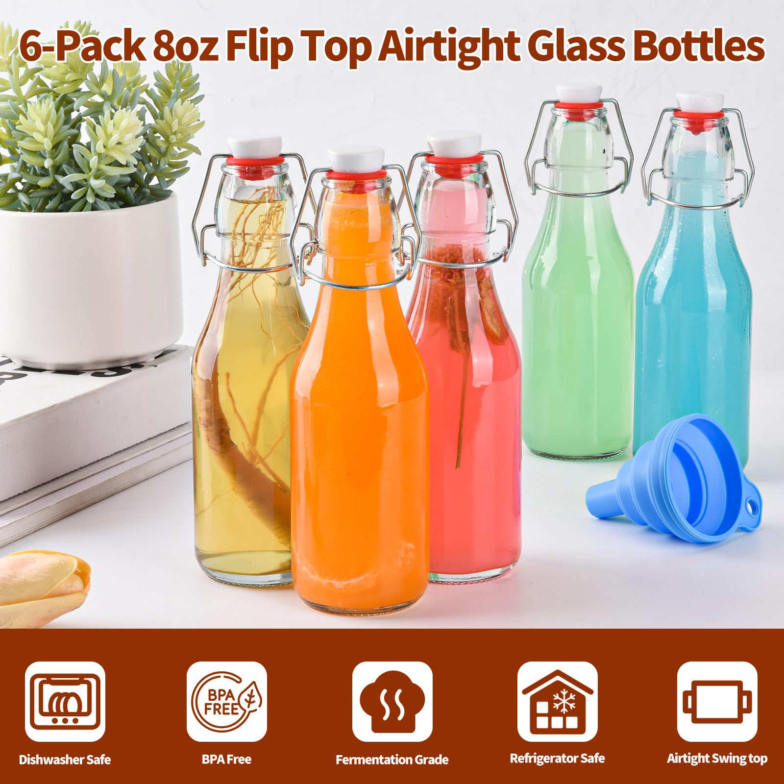 6 PCS 250ml Glass Bottles with Stoppers, Swing Top Beer Brewing Glass Bottles with Airtight Lid, Flip Top Glass Bottle for Fermentation, Kombucha, Vanilla Extract, Wine, Oil, Vinegar and Beverages