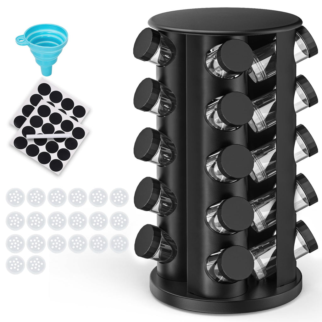AKOZLIN Rotating Spice Jars with Rack Revolving Spice Rack with 20 Spice Jars Kitchen Spice Tower Organizer Stainless Steel with Stickers and Folding Funnel for Countertop or Cabinet, Silver