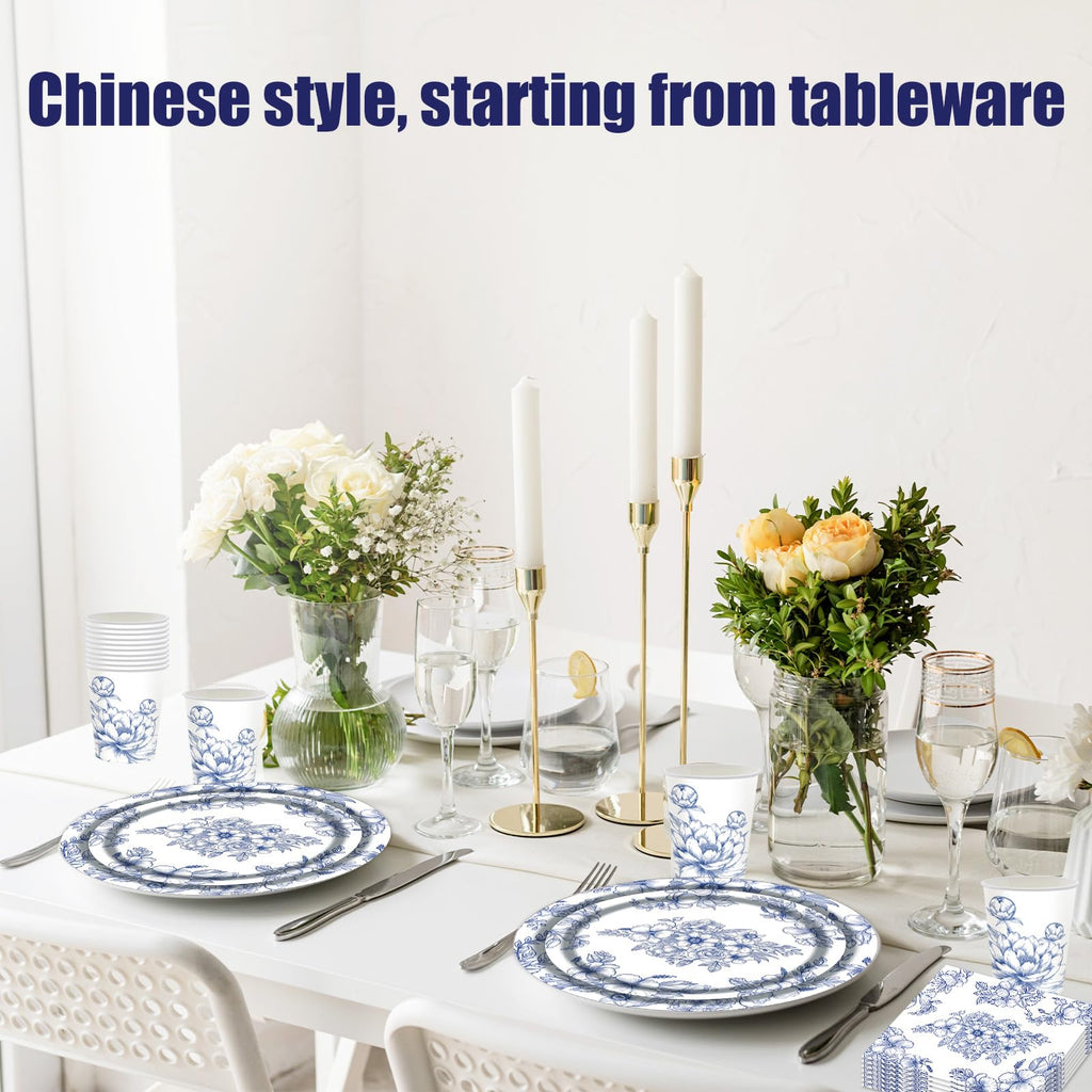 SKTMH 96Pcs Blue White Flower Party Decorations: Blue White Floral Tableware - Plates, Napkins, Cups - Tea Party Supplies - Disposable - Floral Birthday Decor