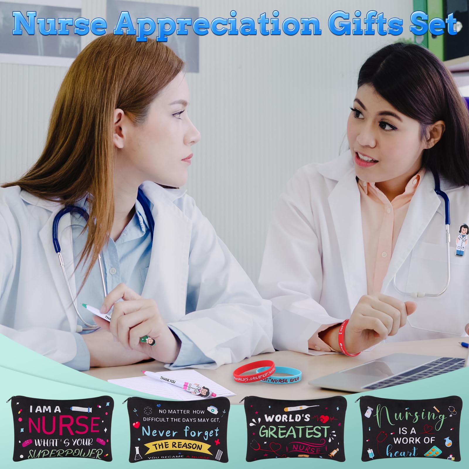 24 Pcs Nurse Appreciation Gifts Bulk Nursing Week Gifts Inspirational Notebooks Nurses Pens Makeup Bags Bracelets 2026 Nurse Week Gift Thank You Gifts for Nurses Doctor Medical Staff Nursing Students