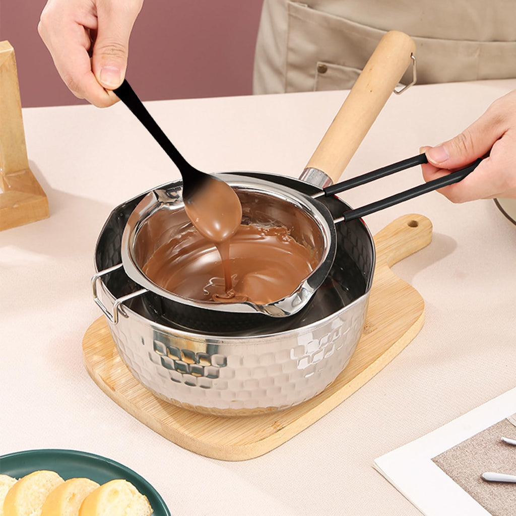 Uhuida 600ml Double Boiler, 304 Stainless Steel Bain Marie, Chocolate Melts Pot with Stirring Spoon, Stove Top Double Boilers for Butter, Candy, Cheese, Candles(Silver)