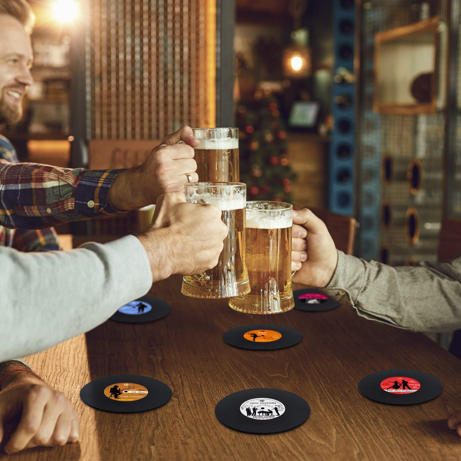 Valdivia Funny Retro Vinyl Record Coasters with Player, 6 Pcs Music Coasters for Drinks, Bars, Cafes, Office, Birthday Gifts for Music Lovers, Home Decor Housewarming and White Elephant Gifts Ideas