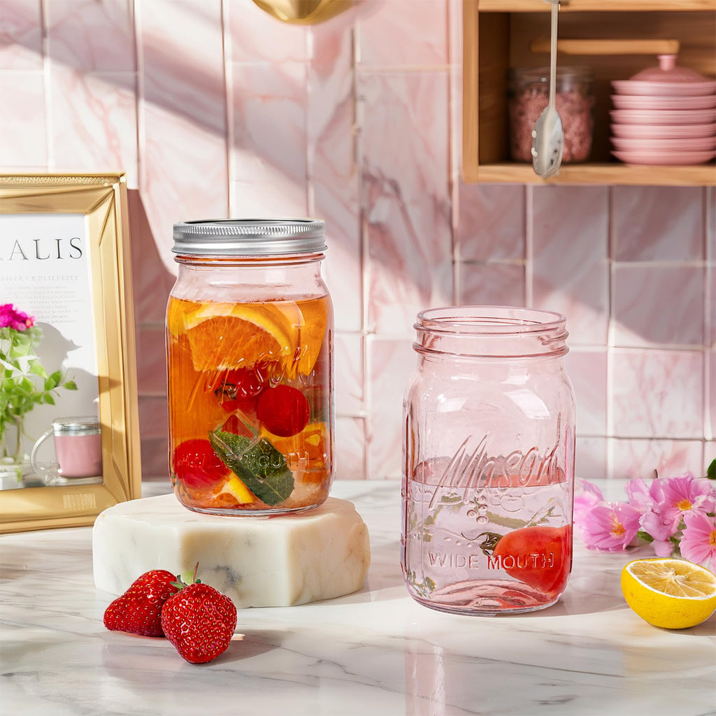 I00000 Pink Mason Jars 32 oz,4 Pack Wide Mouth Mason Jars for Safe Storage,Fermenting,Pickling,DIY,Crafts Decoration