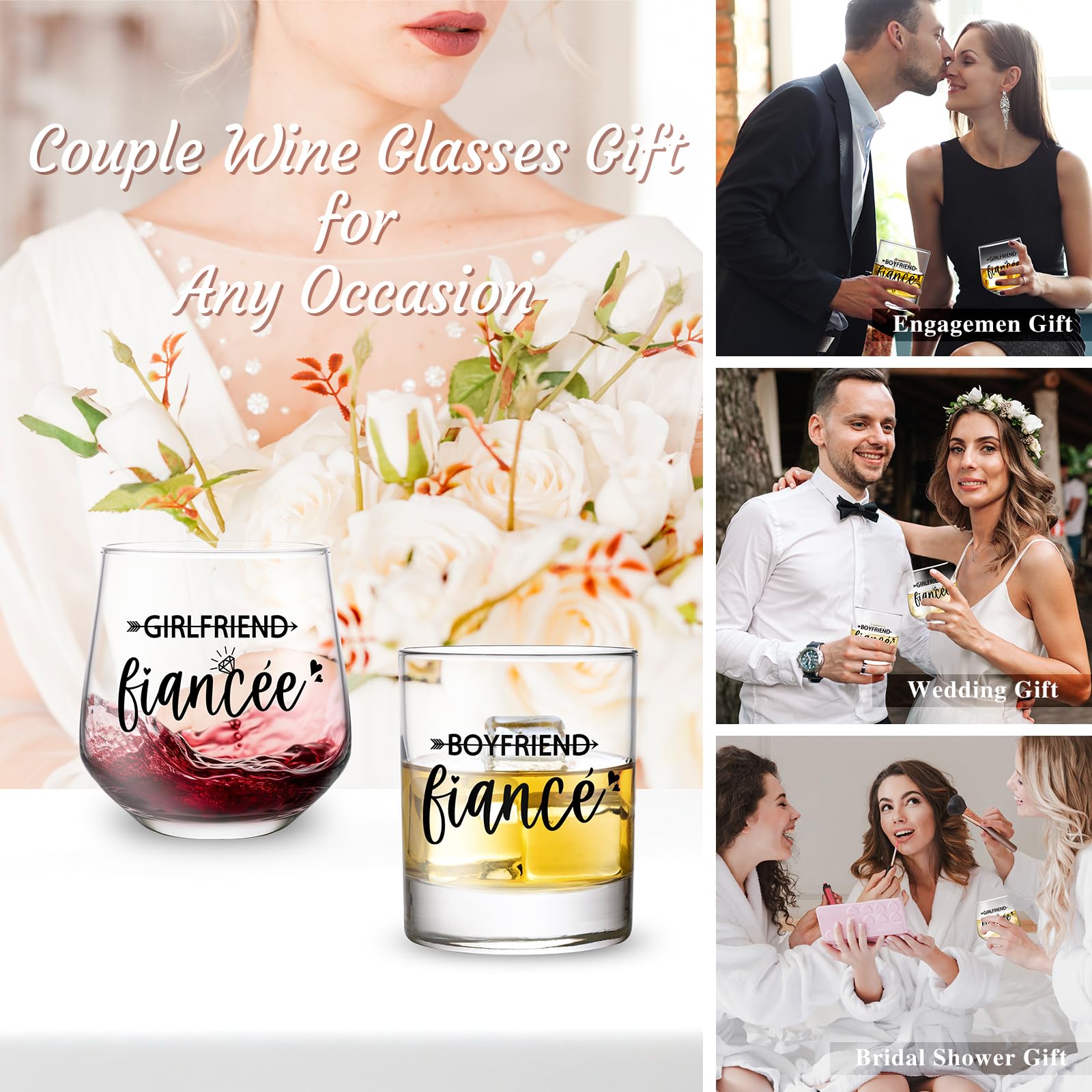 Engagement Gifts for Couples - Wine and Whiskey Glass Set for Newly Engaged, Boyfriend & Girlfriend, Fiance Fiancee, Mr and Mrs, His and Hers - Newlywed Wedding Gift