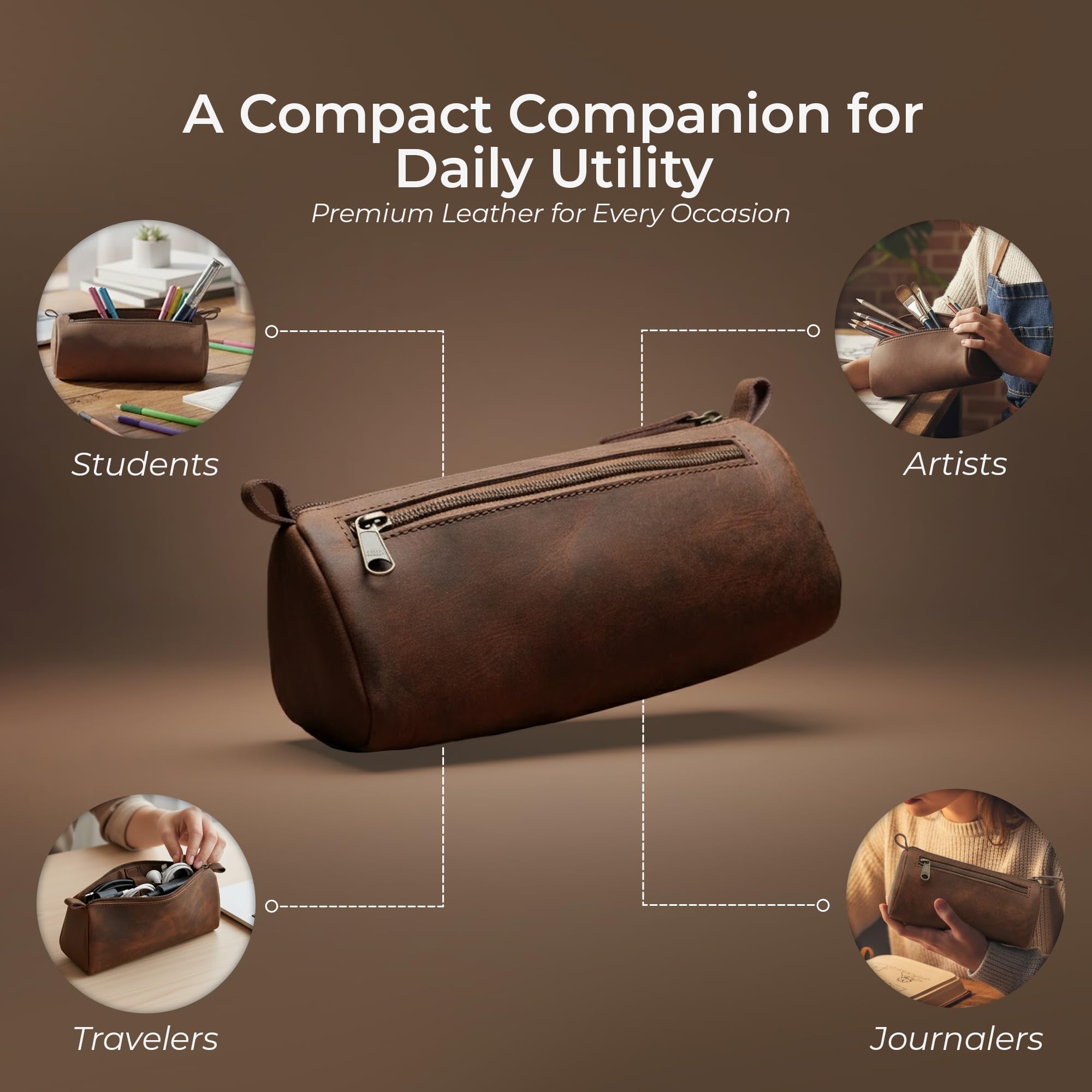 Wanderings Small Triangle Leather Pencil Pouch – 8.5" / 21.6 cm – Handcrafted Full-Grain Leather Zipper Case – Compact Brown and Stylish Pencil Case for Artists, Travel Makeup, Jewelry, and Purse Bag