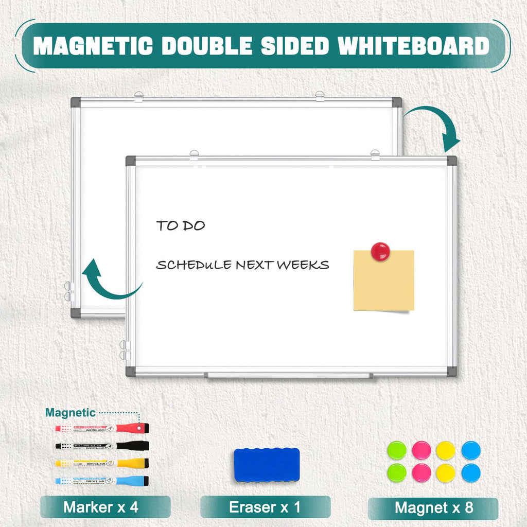 Double-Sided Magnetic Whiteboard for Wall 24 x 18 Inch, Large Dry Erase Board with Silver Aluminum Frame, Horizontal Vertical Hanging with Hole-Free Hooks, Complete 14-Piece Accessory Kit